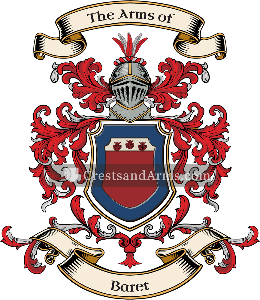 The Baret coat of arms, drawn from the recorded blazon