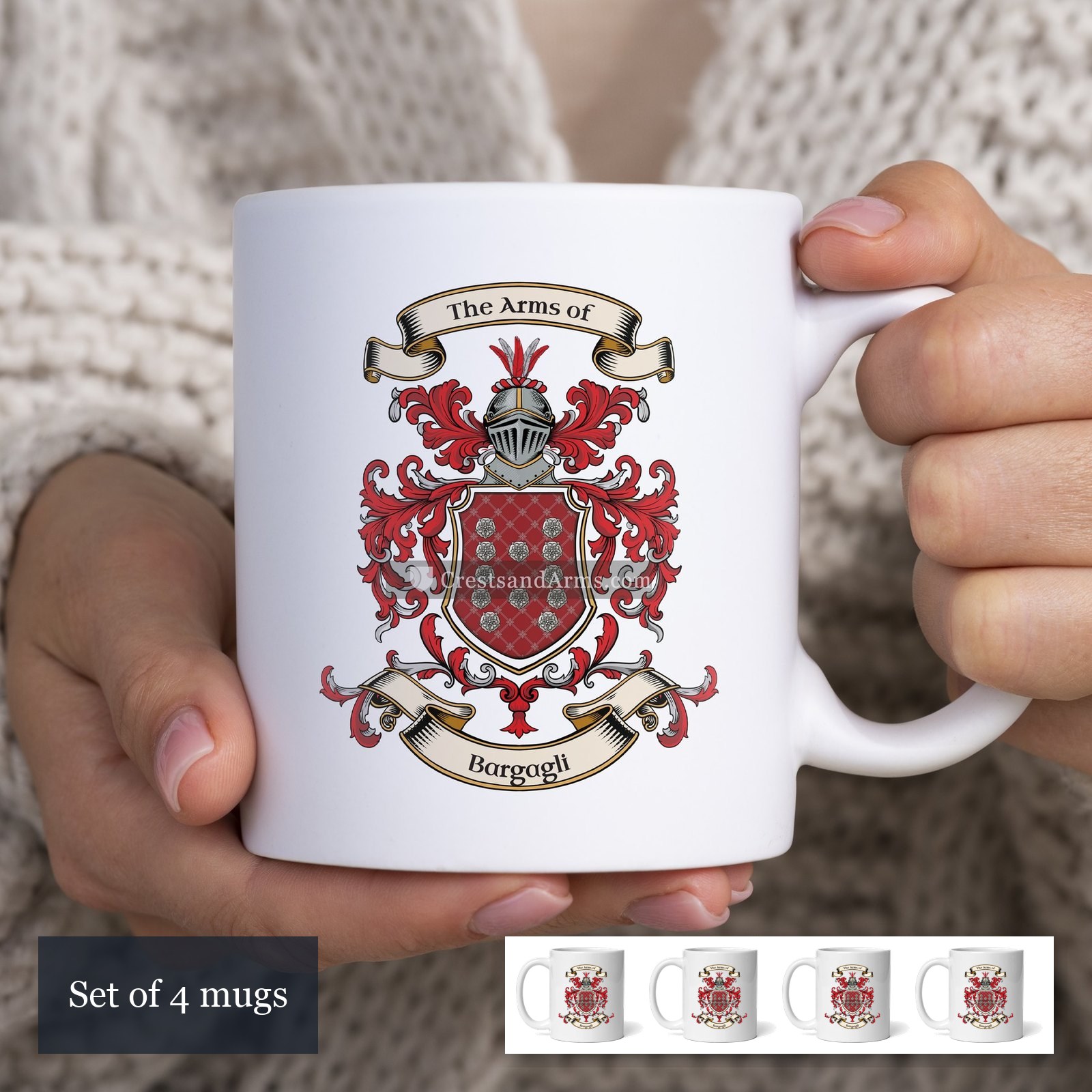 The Bargagli arms on the set of 4 mugs