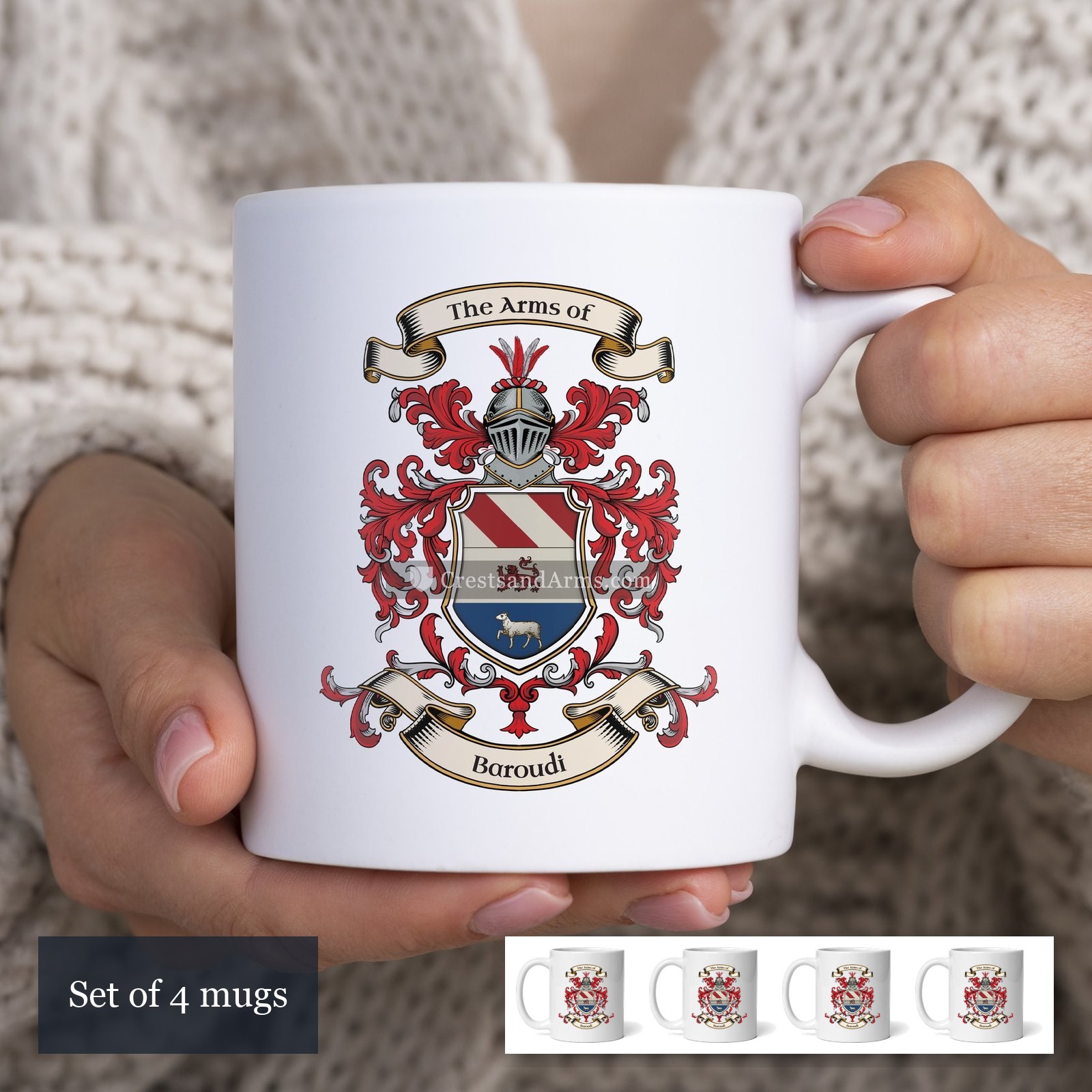 The Baroudi arms on the set of 4 mugs