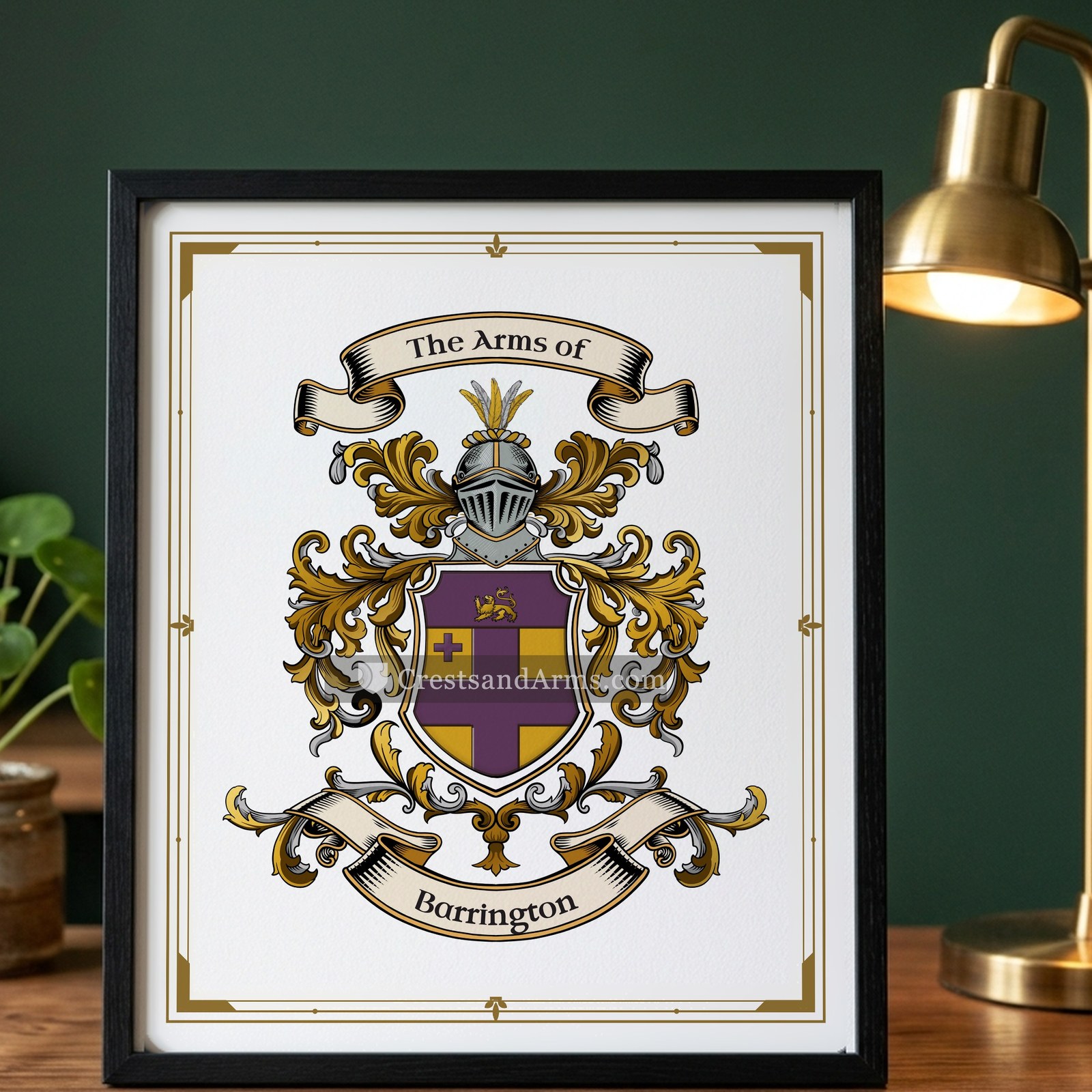 The Barrington arms on the framed, black wood