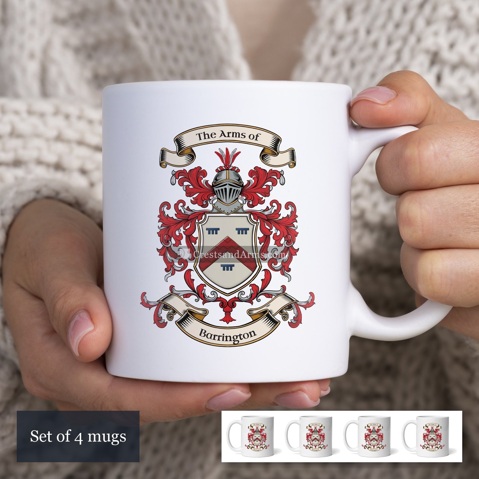 The Barrington arms on the set of 4 mugs