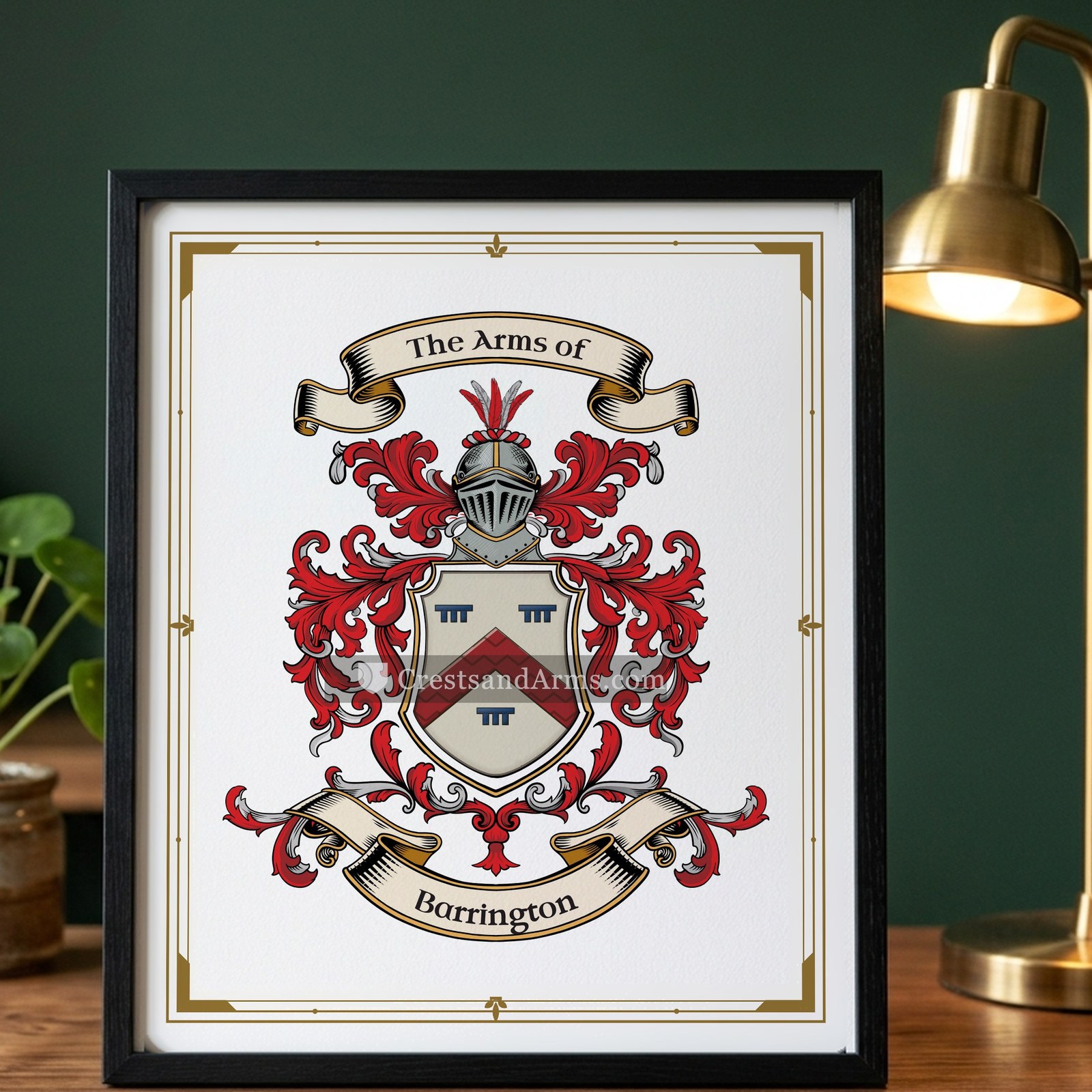 The Barrington arms on the framed, black wood