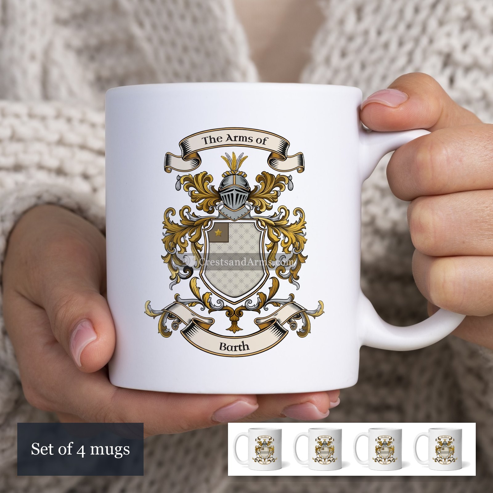 The Barth arms on the set of 4 mugs