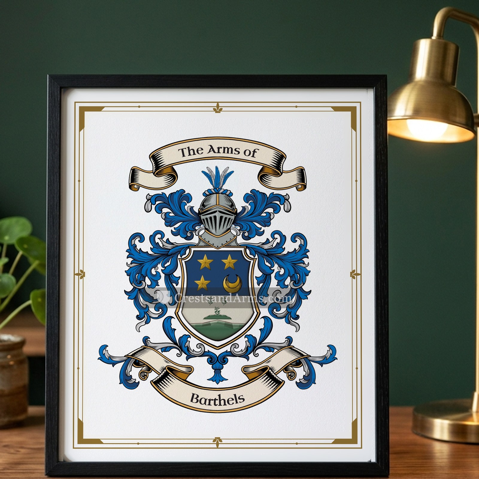 The Barthels arms on the framed, black wood