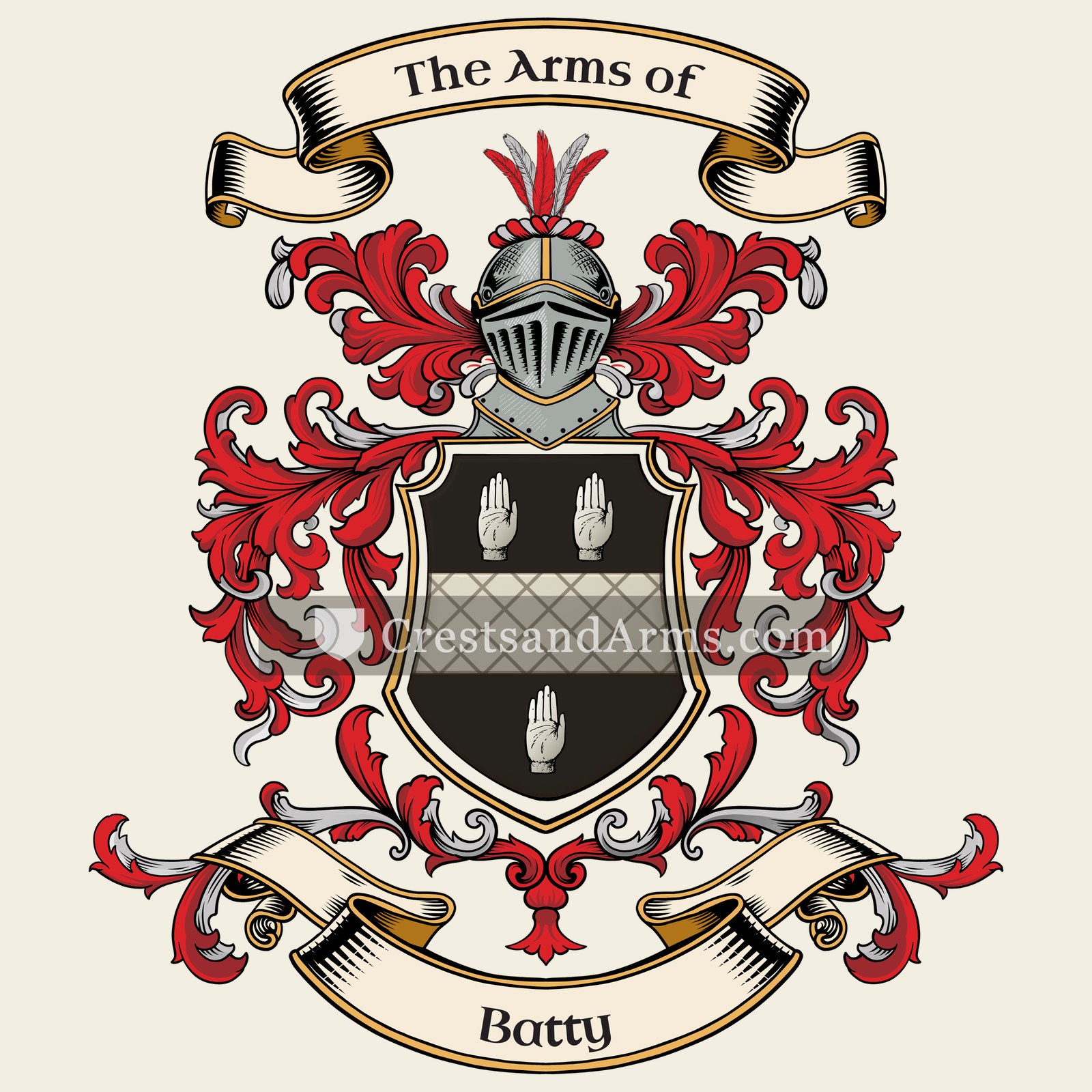 The Batty coat of arms, drawn from the recorded blazon