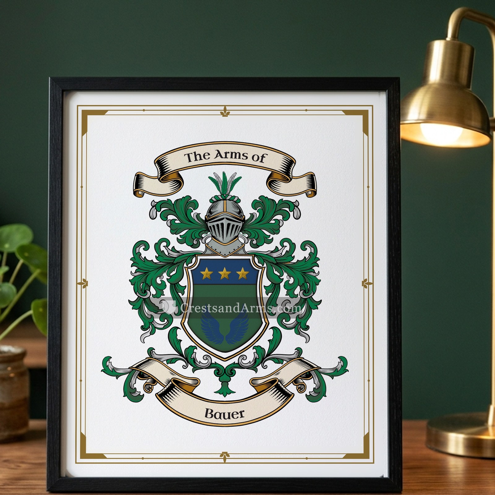 The Bauer arms on the framed, black wood