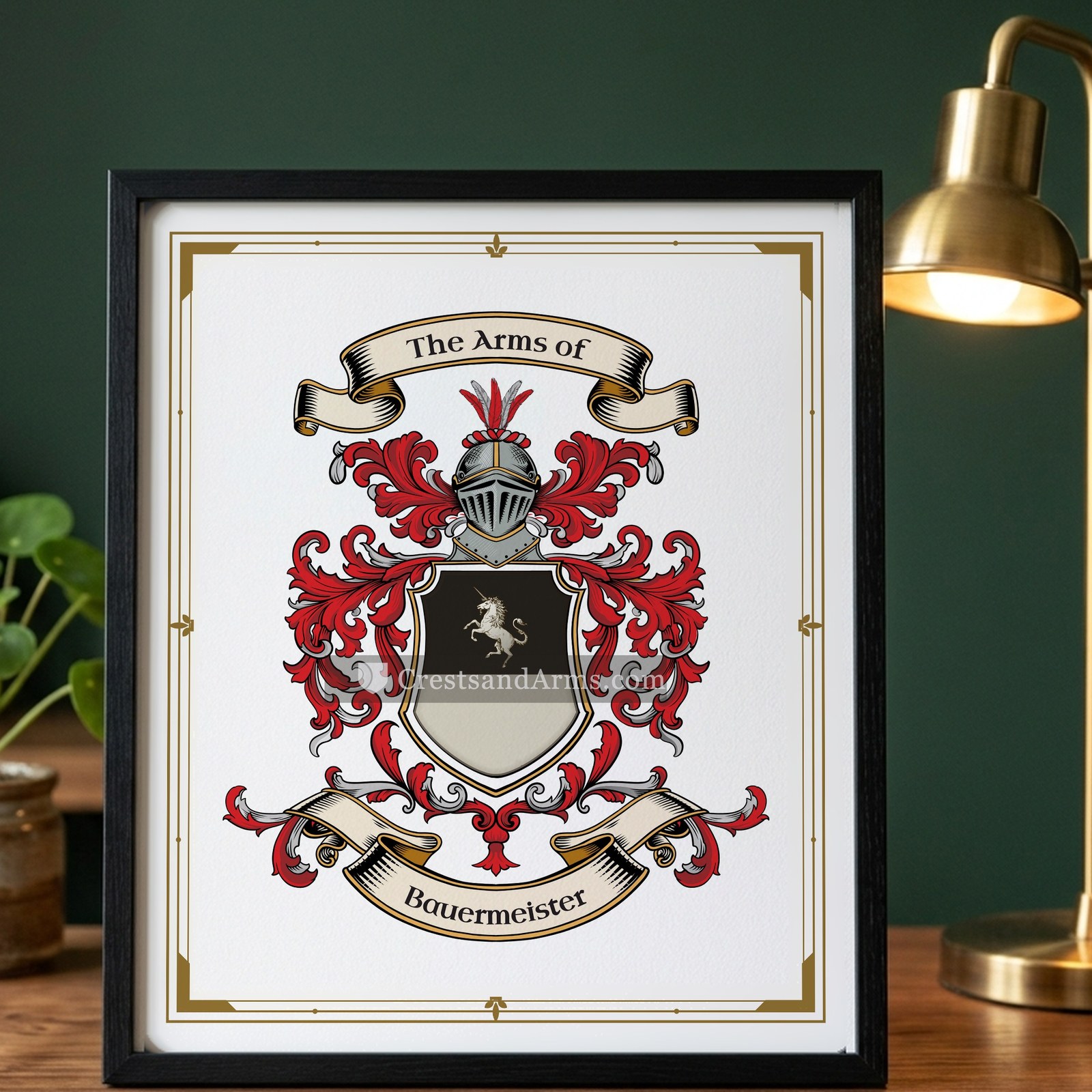 The Bauermeister arms on the framed, black wood