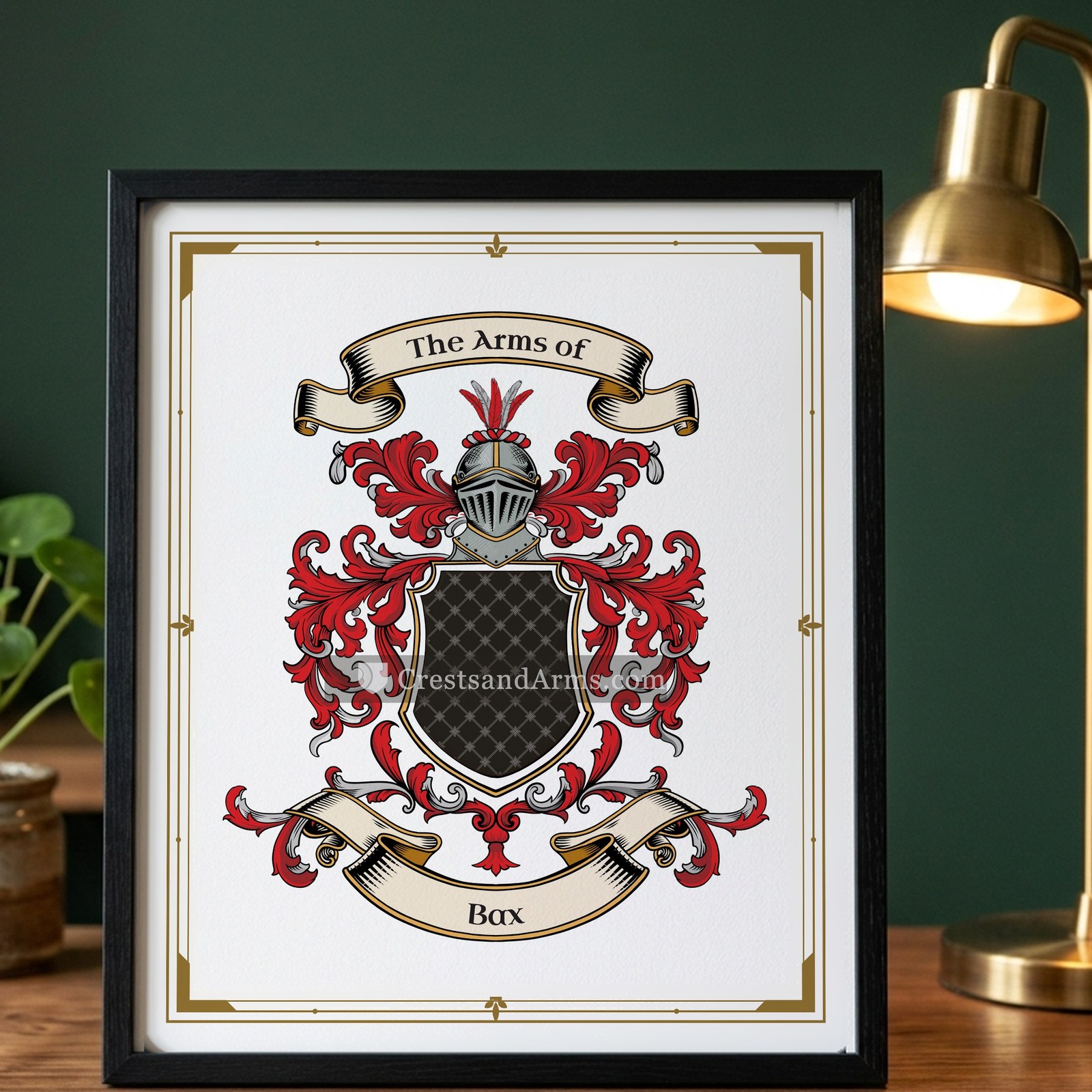 The Bax arms on the framed, black wood