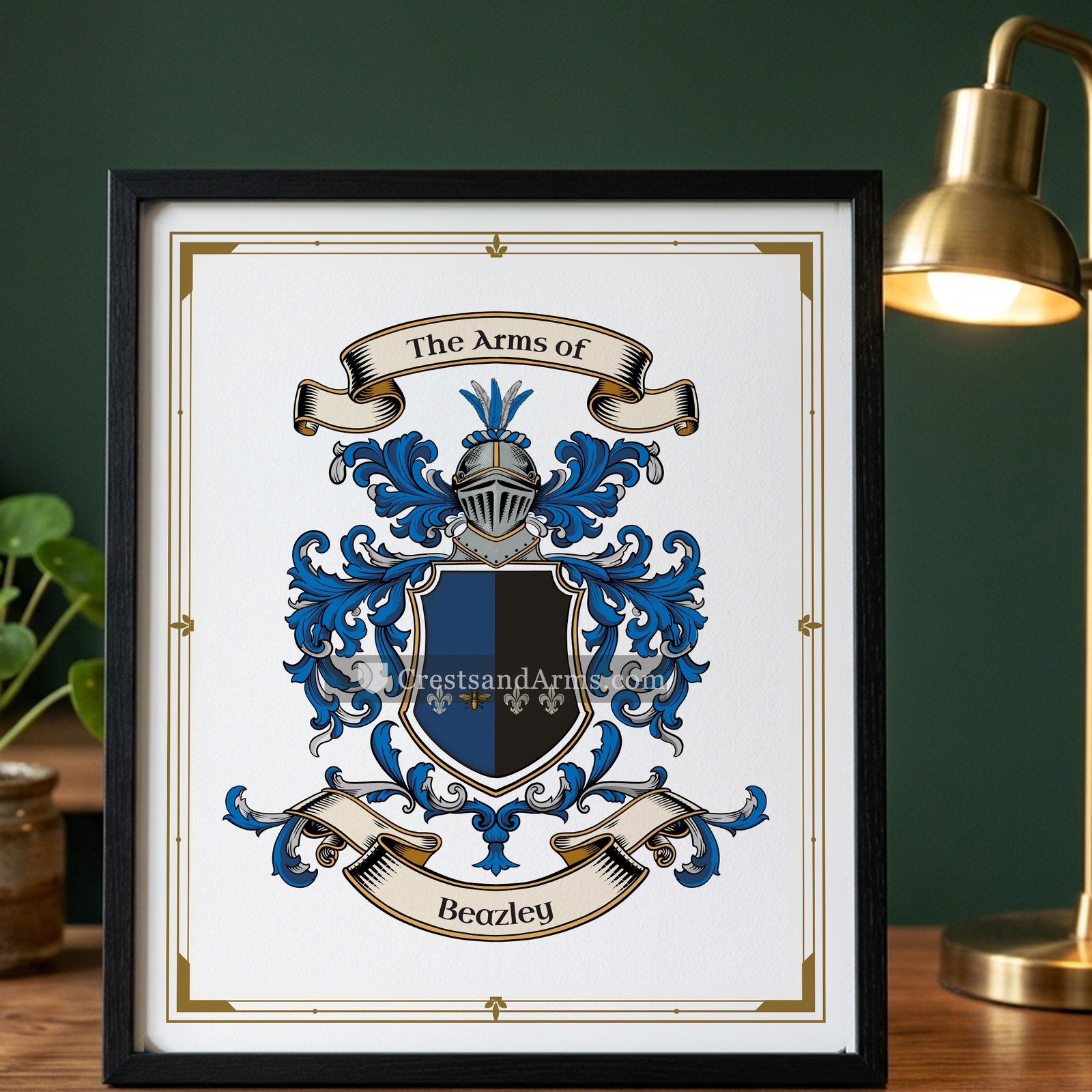The Beazley arms on the framed, black wood