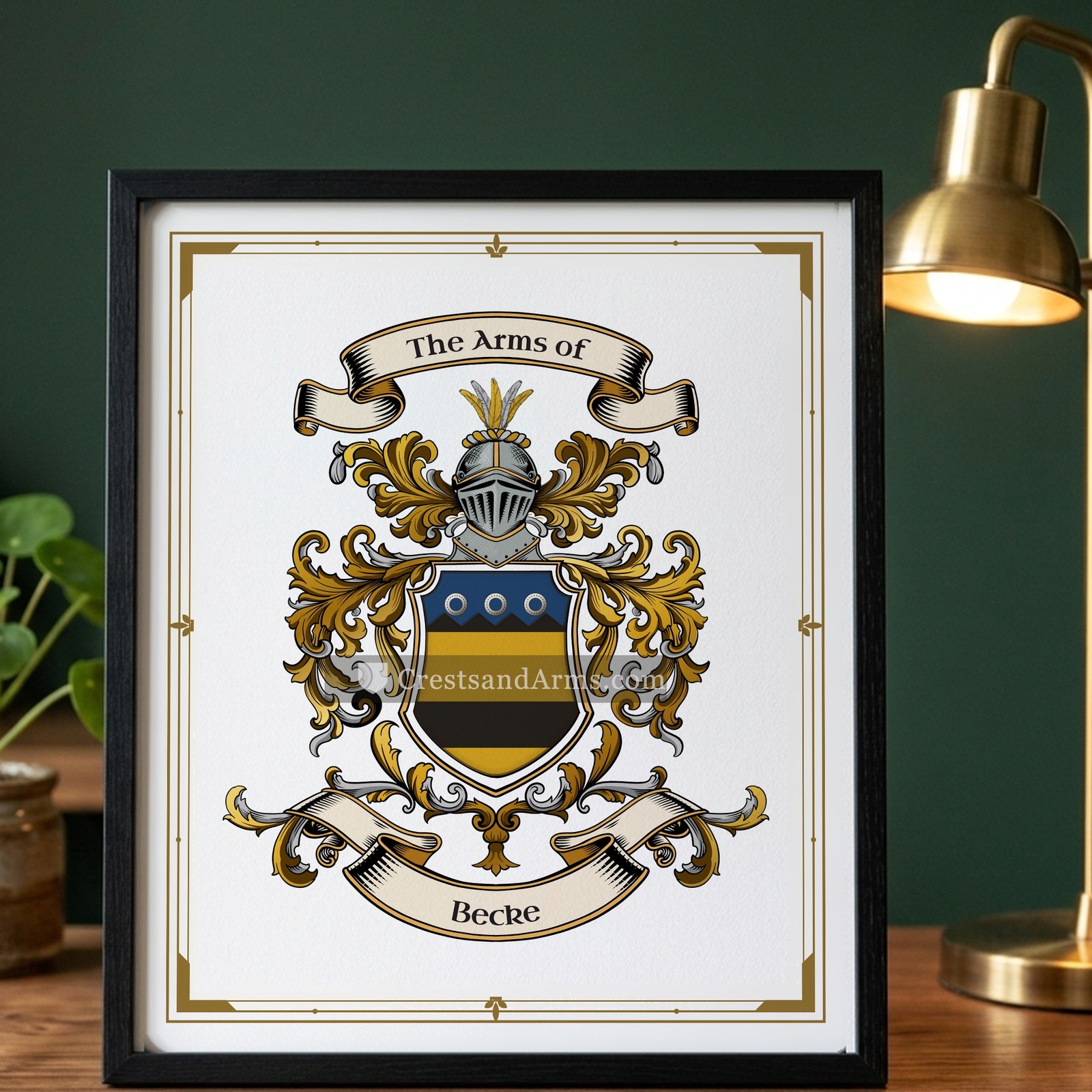 The Becke arms on the framed, black wood
