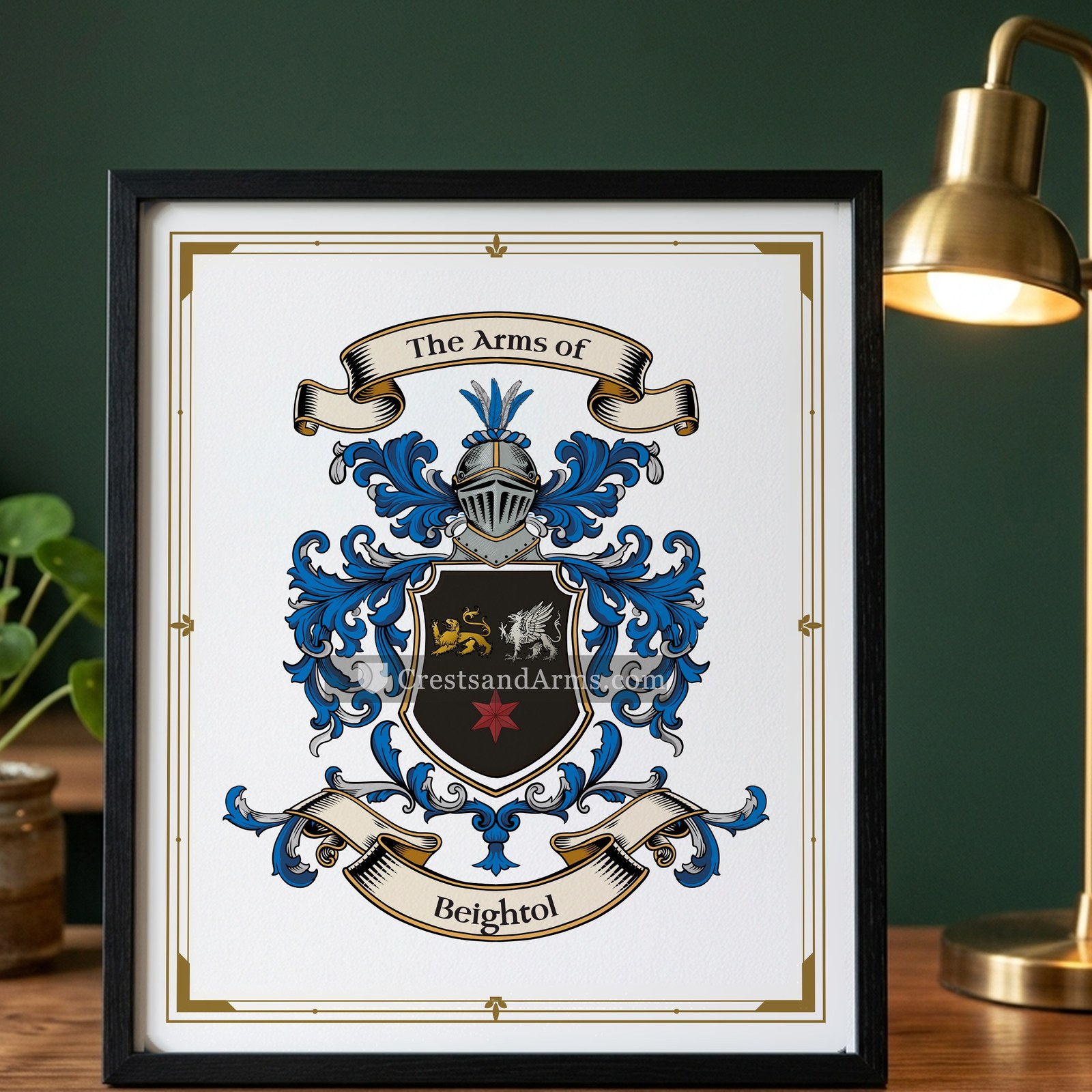 The Beightol arms on the framed, black wood