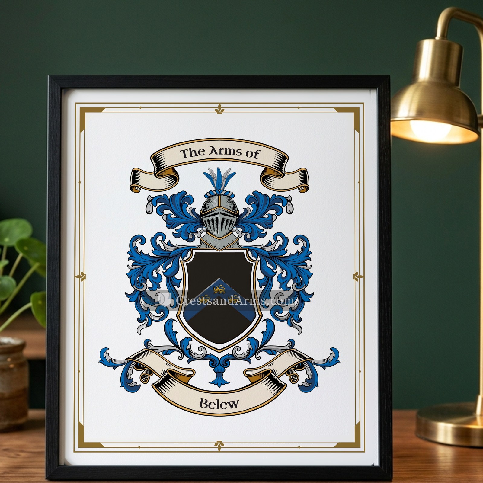 The Belew arms on the framed, black wood
