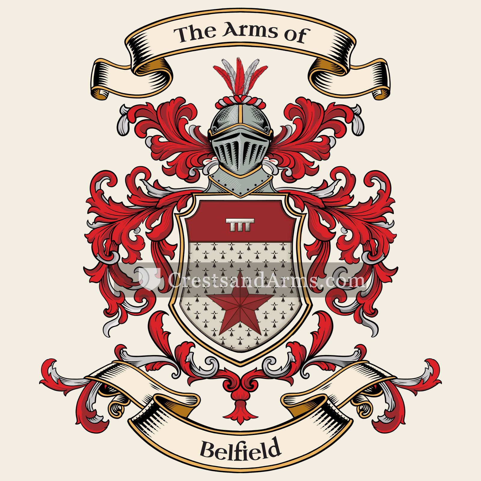 The Belfield coat of arms, drawn from the recorded blazon