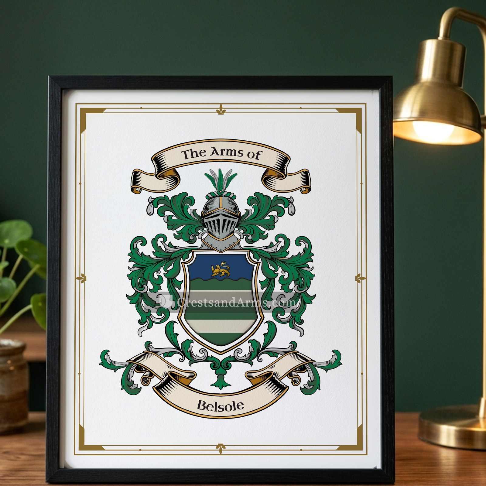 The Belsole arms on the framed, black wood