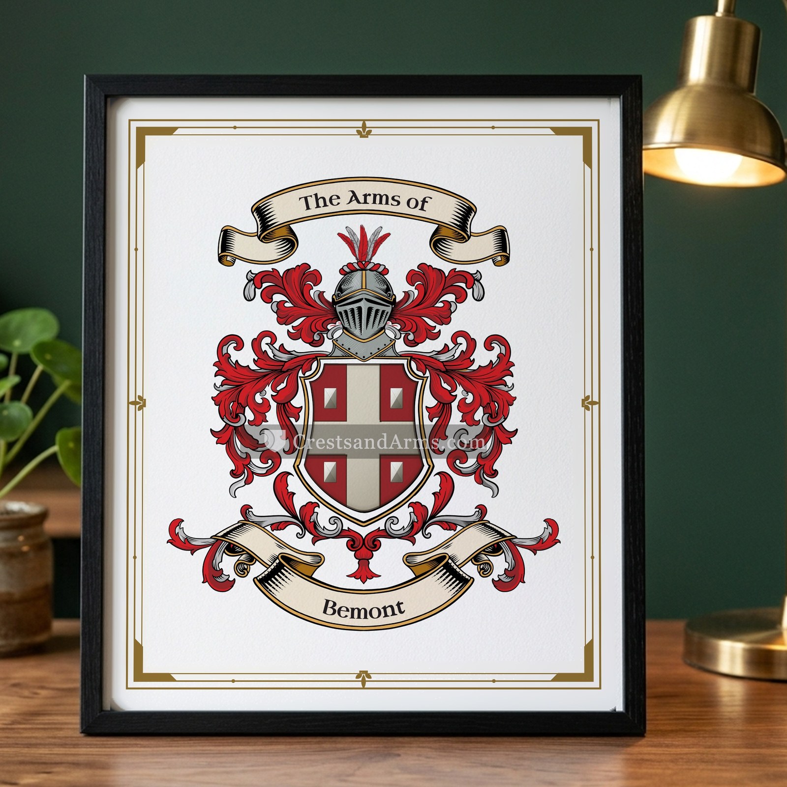 The Bemont arms on the framed, black wood