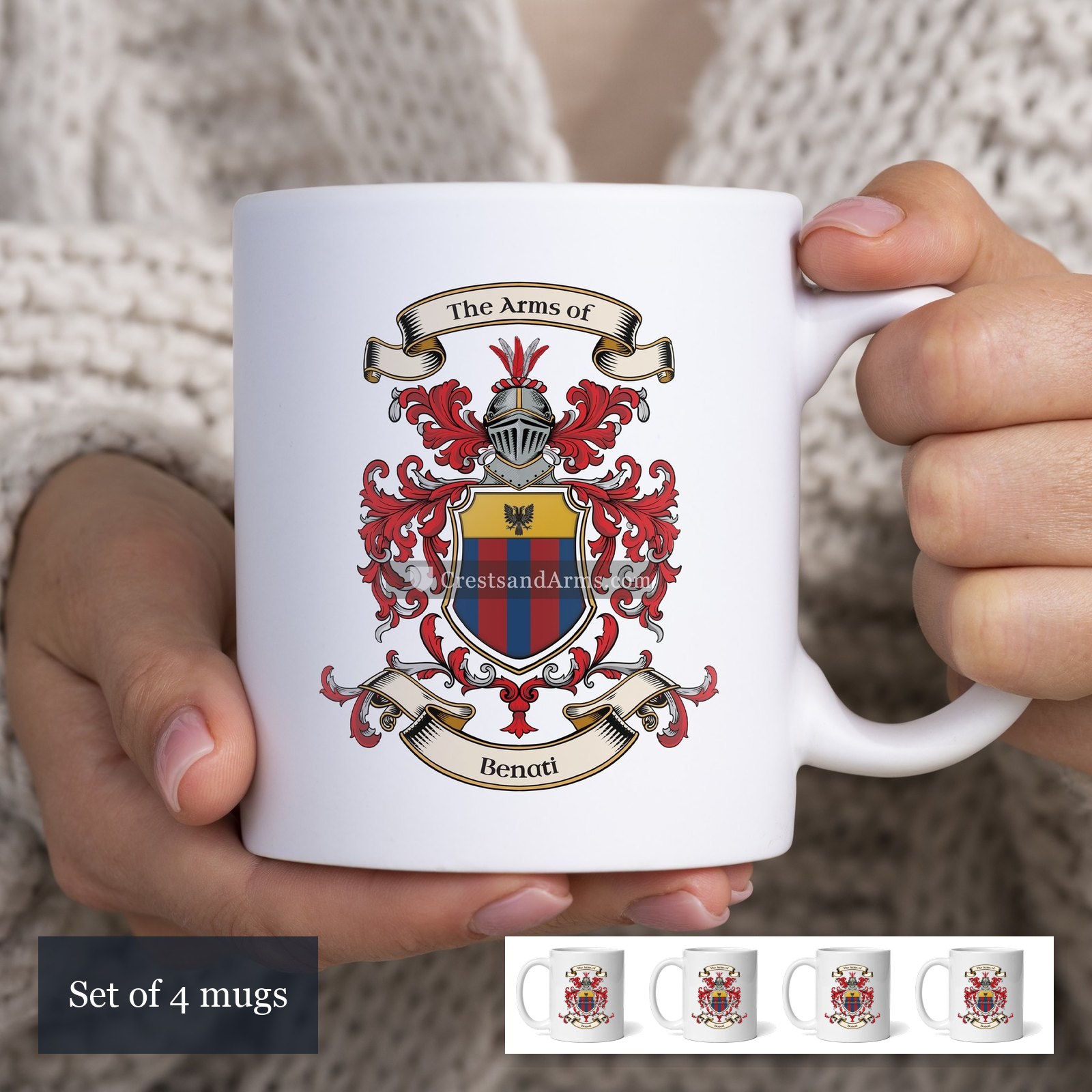 The Benati arms on the set of 4 mugs