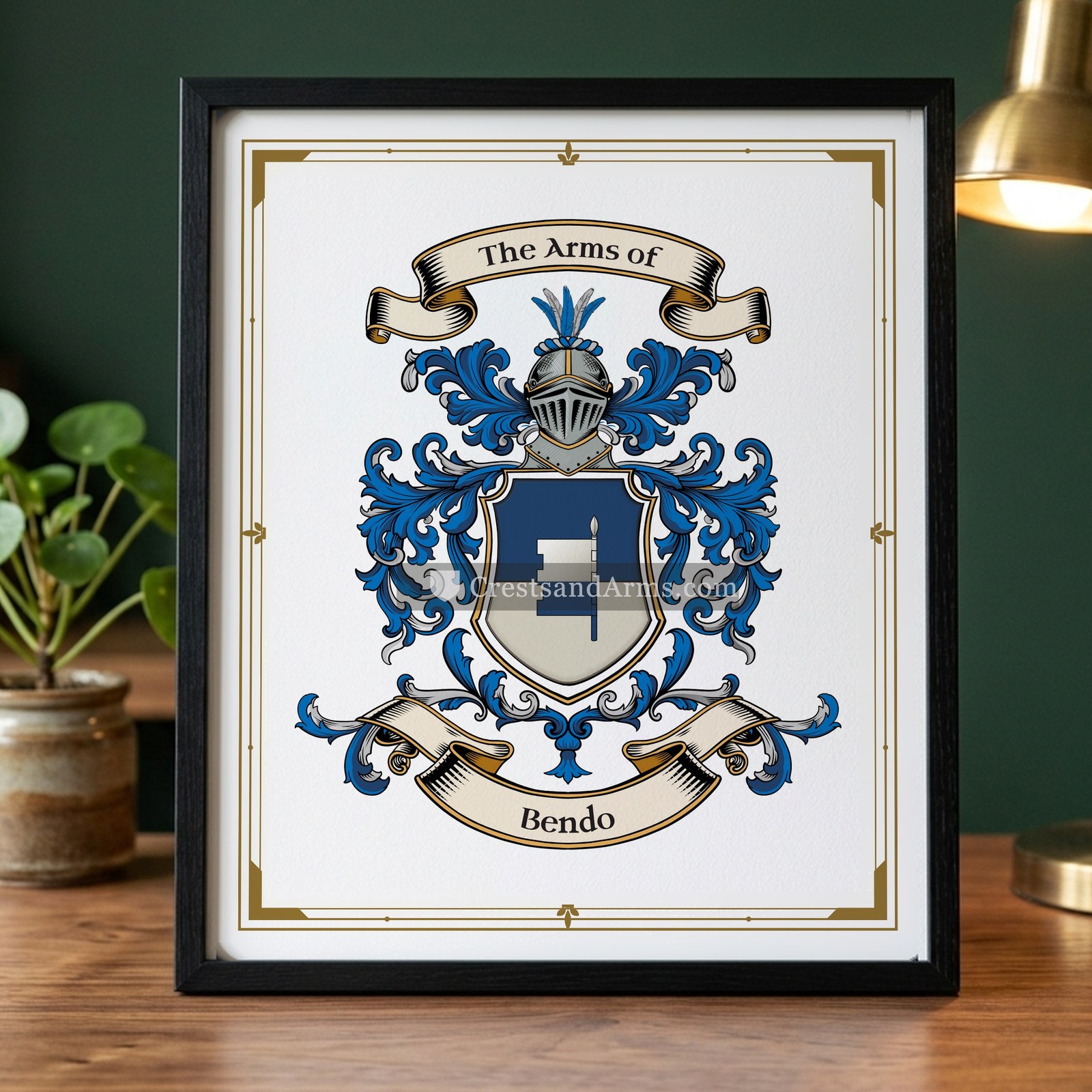 The Bendo arms on the framed, black wood