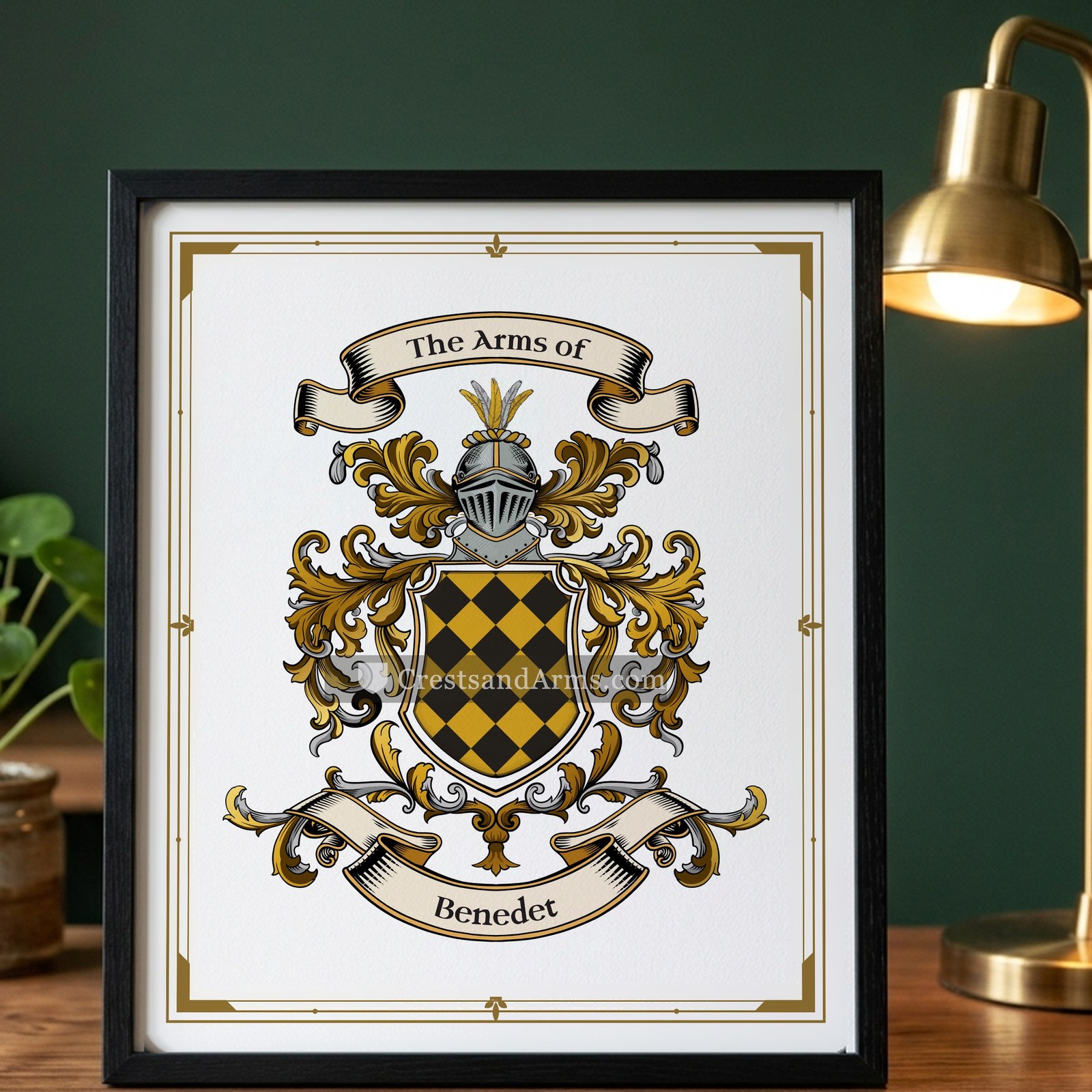 The Benedet arms on the framed, black wood