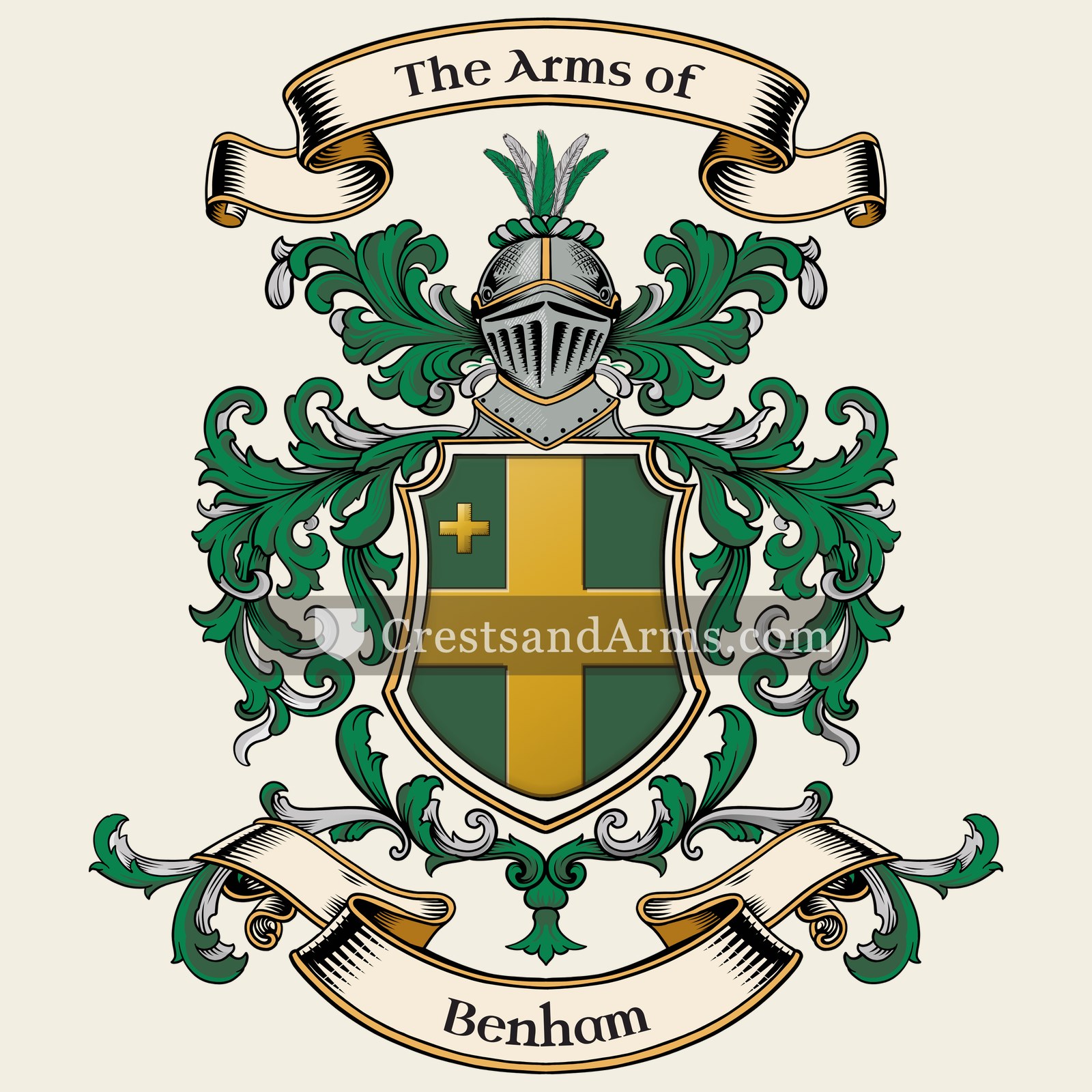 The Benham coat of arms, drawn from the recorded blazon