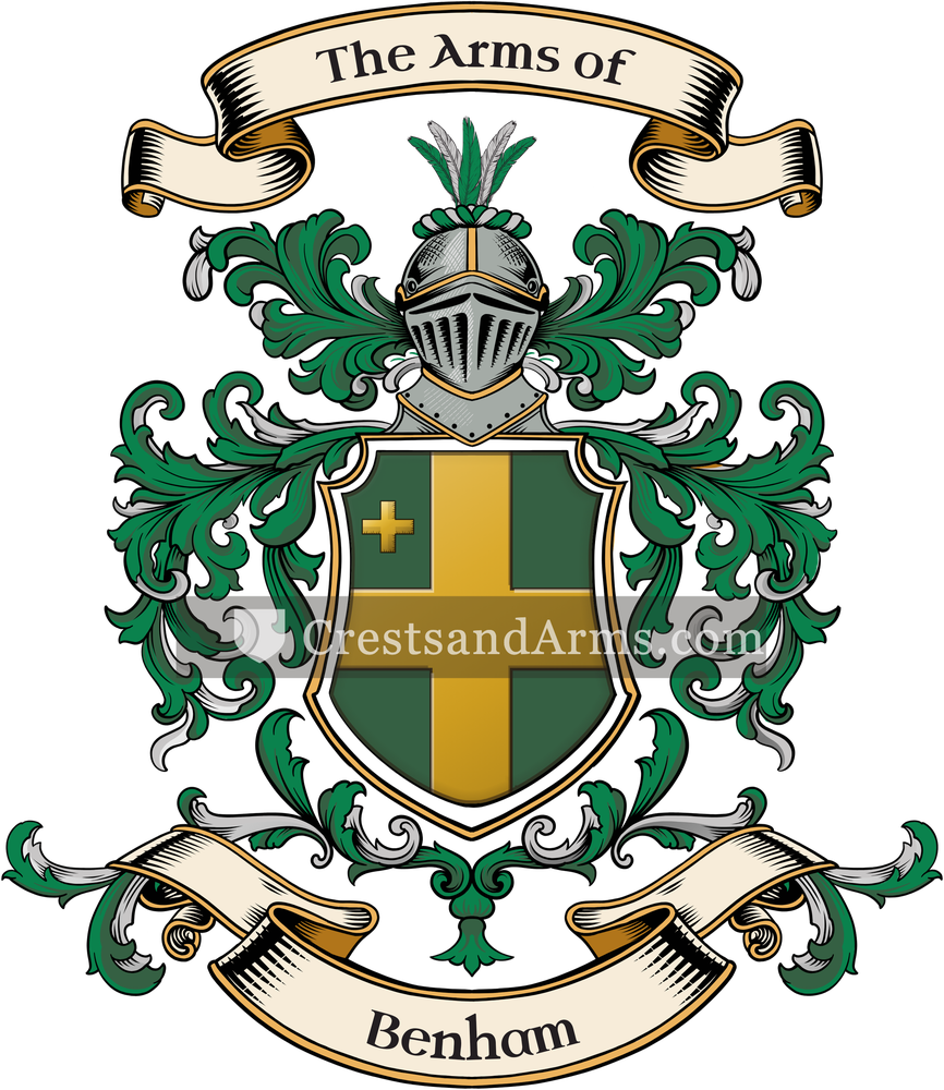 The Benham coat of arms, drawn from the recorded blazon