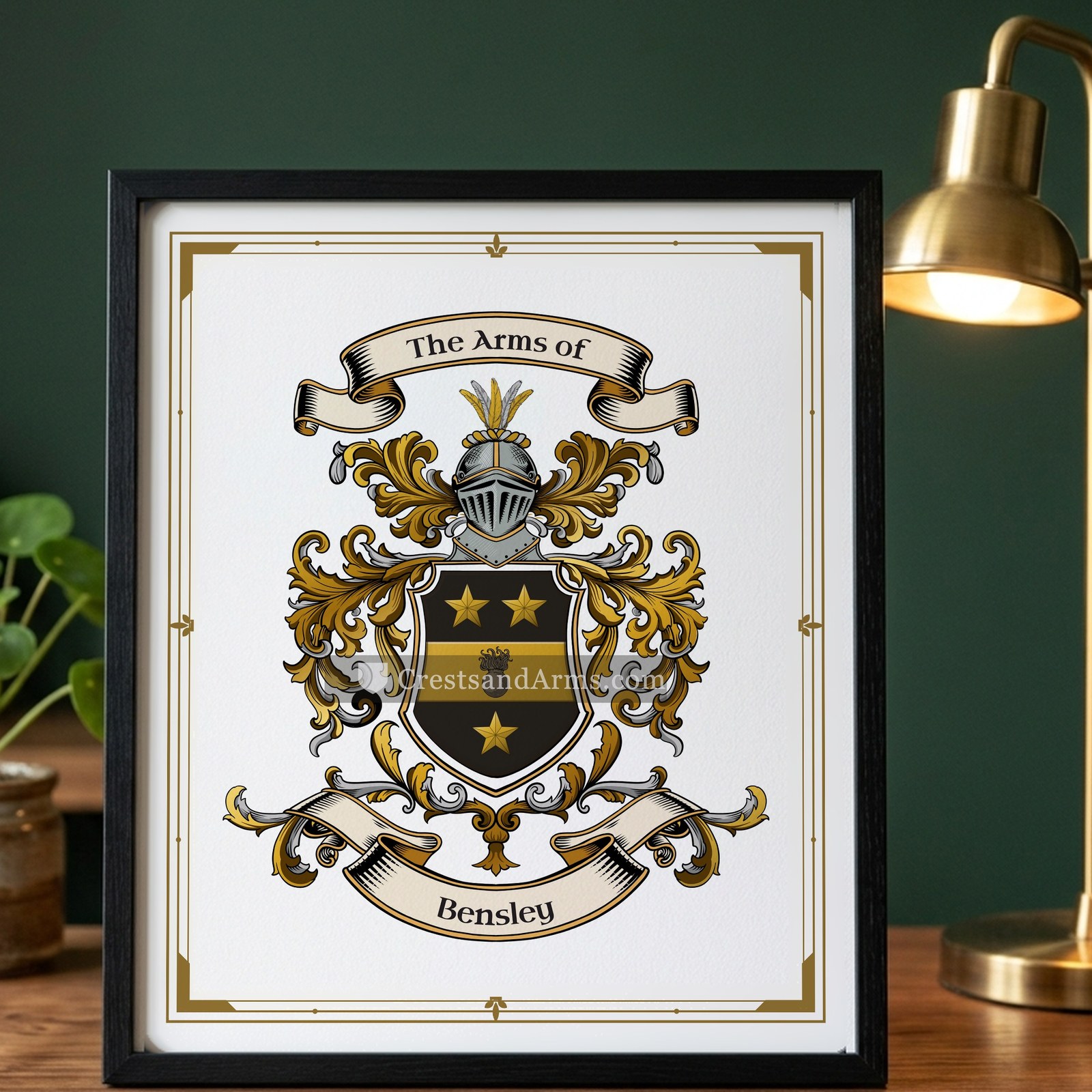 The Bensley arms on the framed, black wood