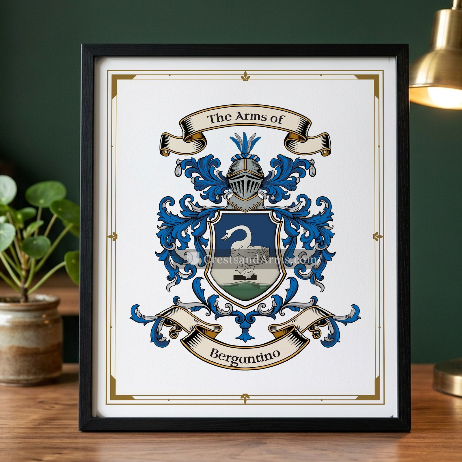 The Bergantino arms on the framed, black wood