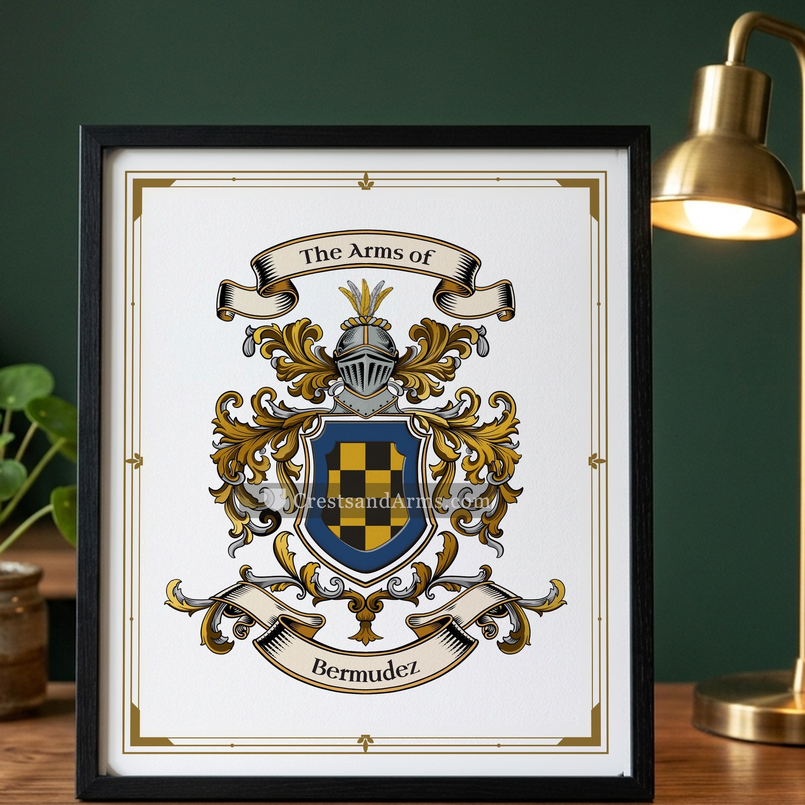 The Bermudez arms on the framed, black wood
