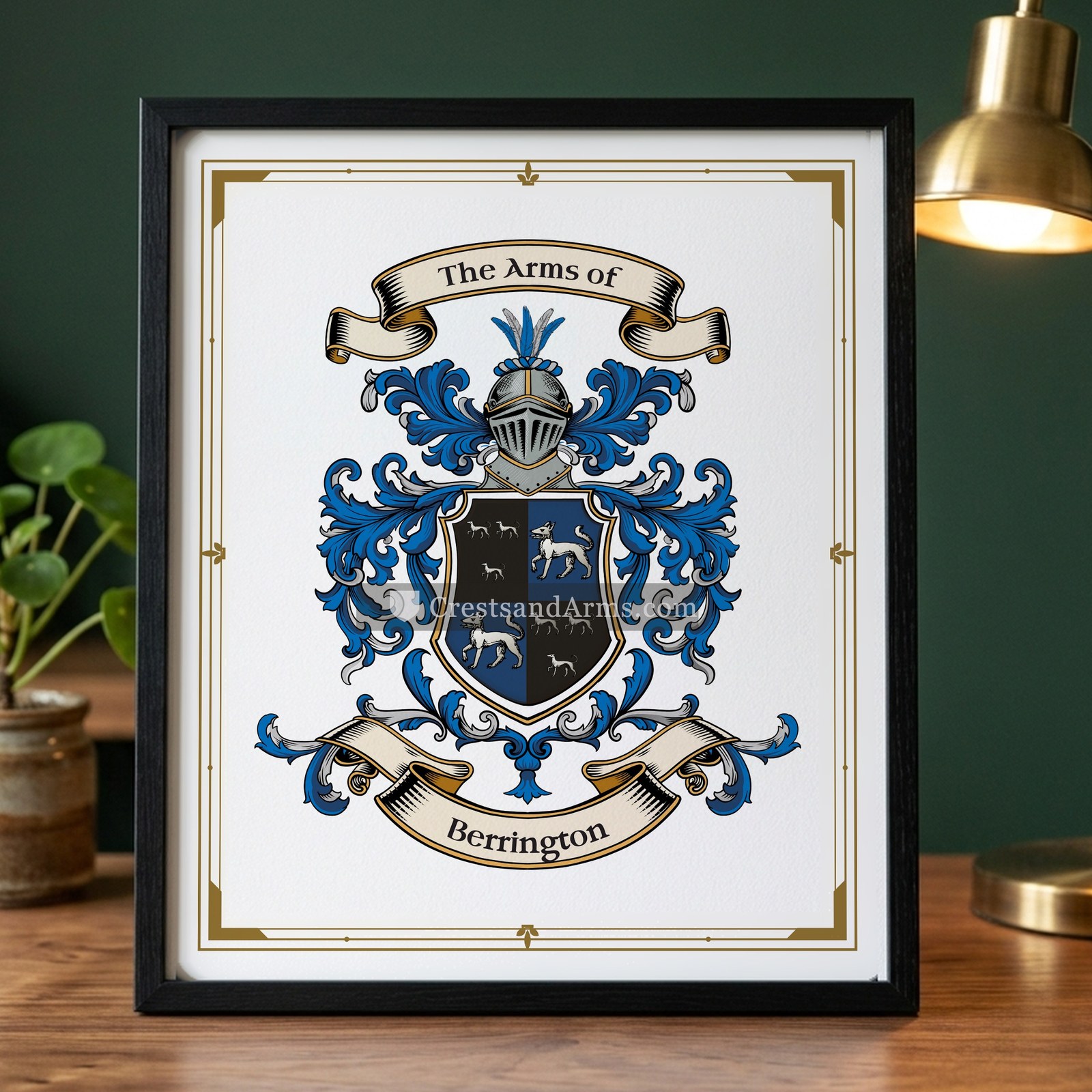 The Berrington arms on the framed, black wood