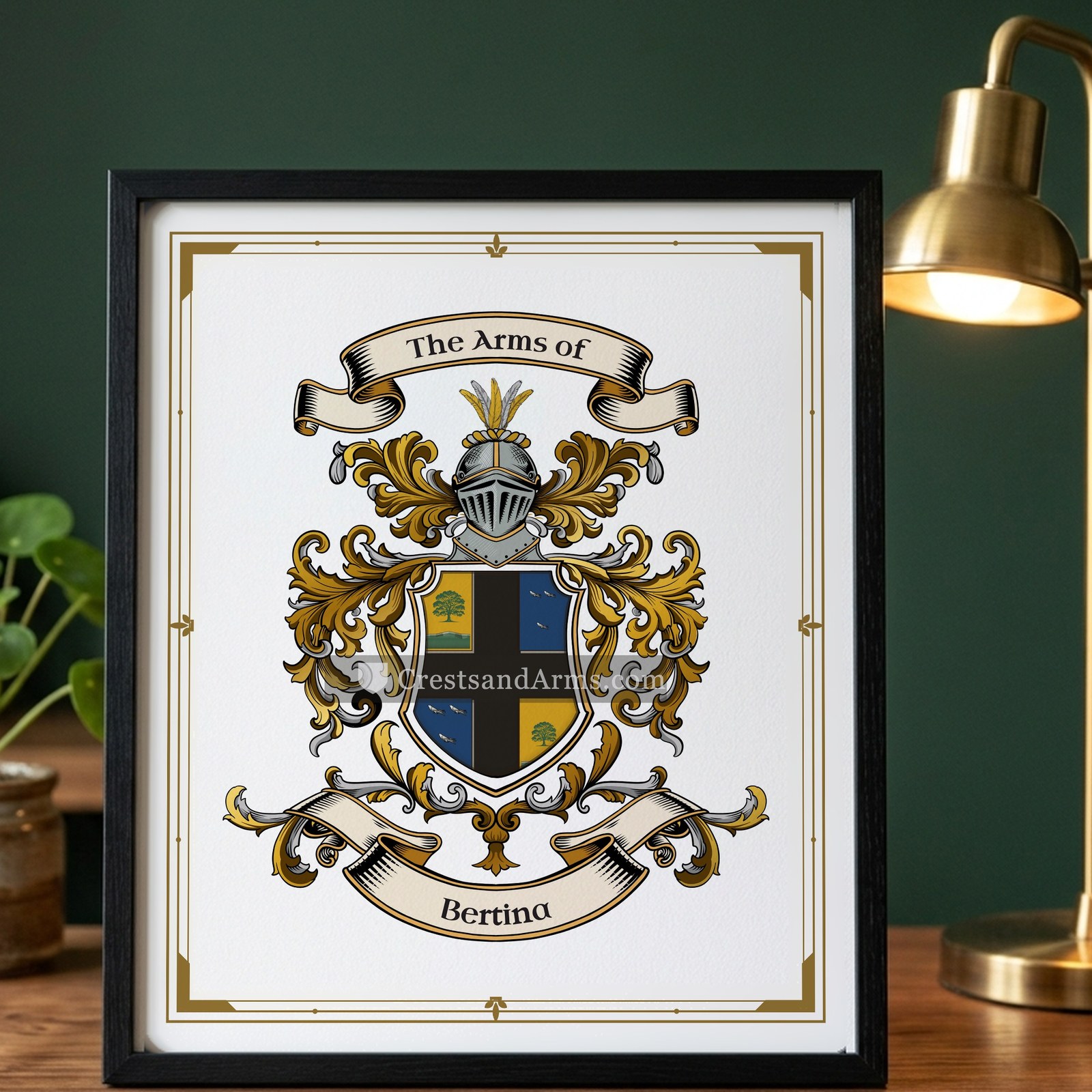 The Bertina arms on the framed, black wood