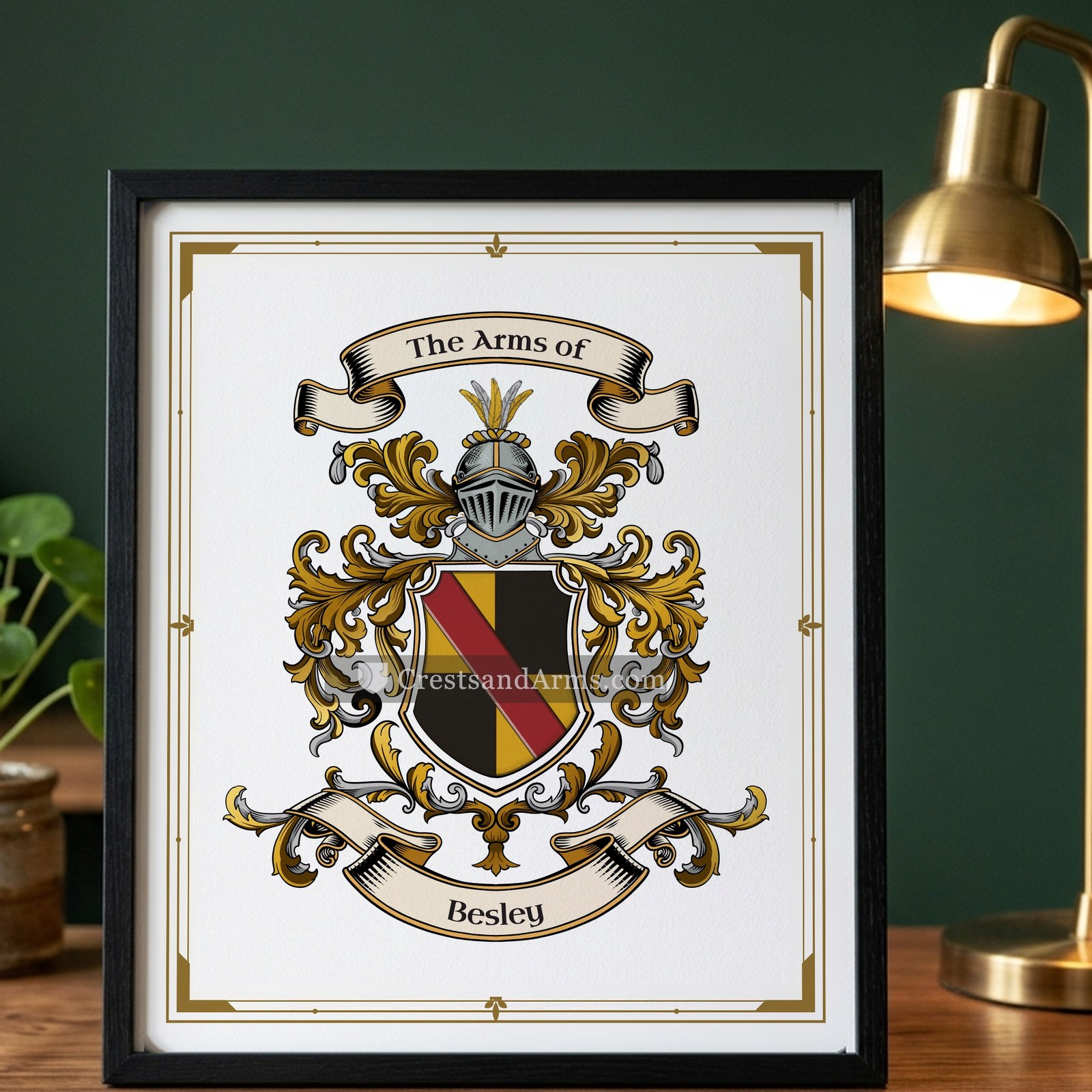 The Besley arms on the framed, black wood