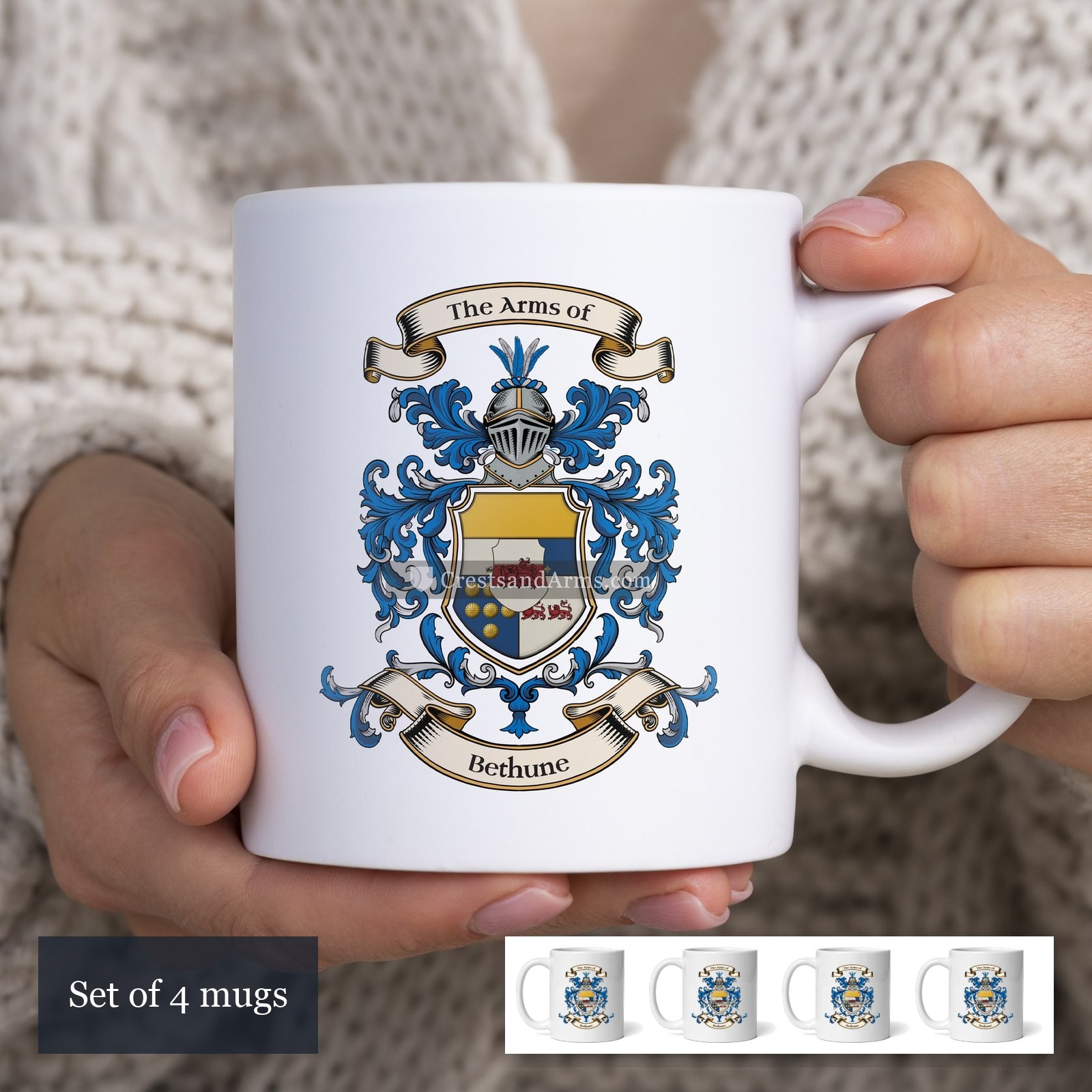 The Bethune arms on the set of 4 mugs