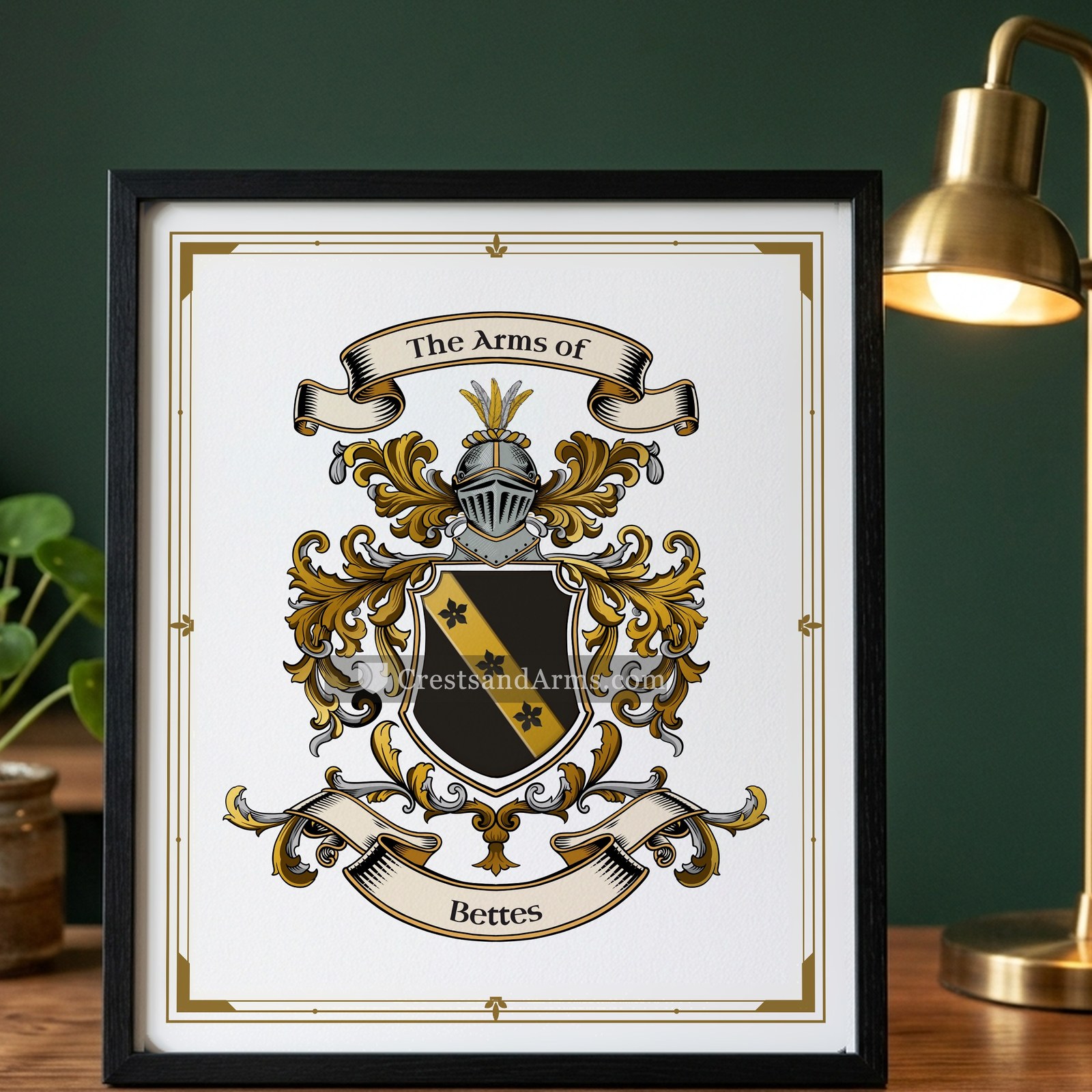 The Bettes arms on the framed, black wood