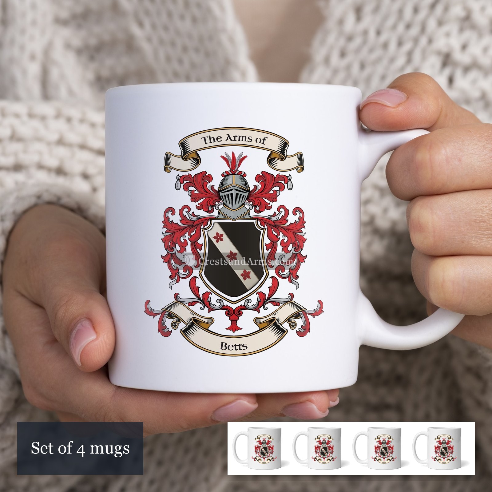 The Betts arms on the set of 4 mugs