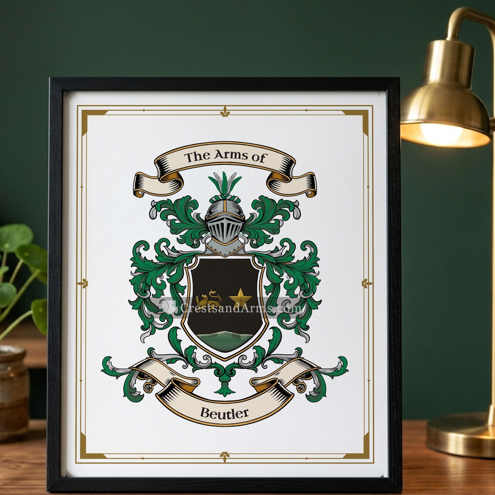 The Beutler arms on the framed, black wood