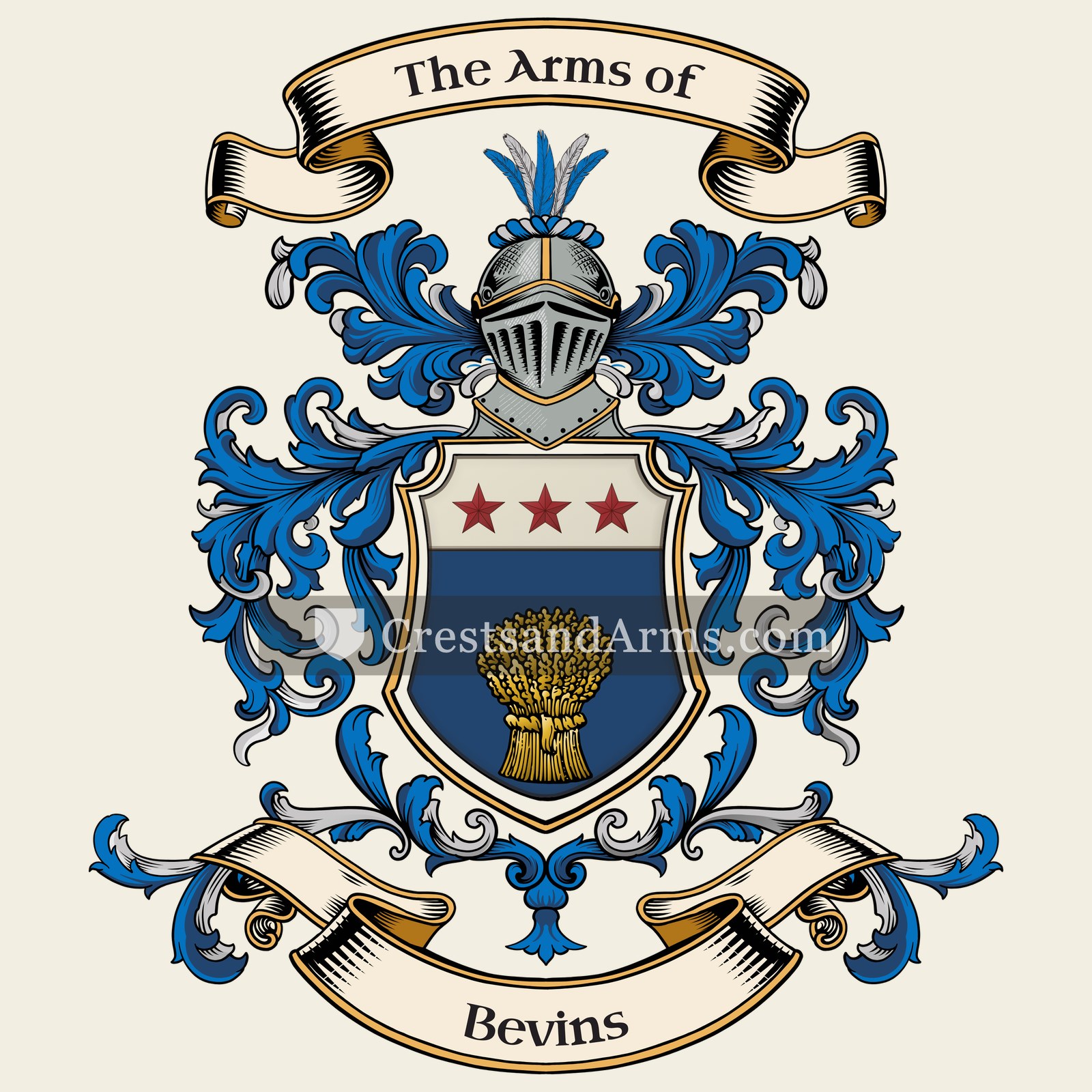 The Bevins coat of arms, drawn from the recorded blazon