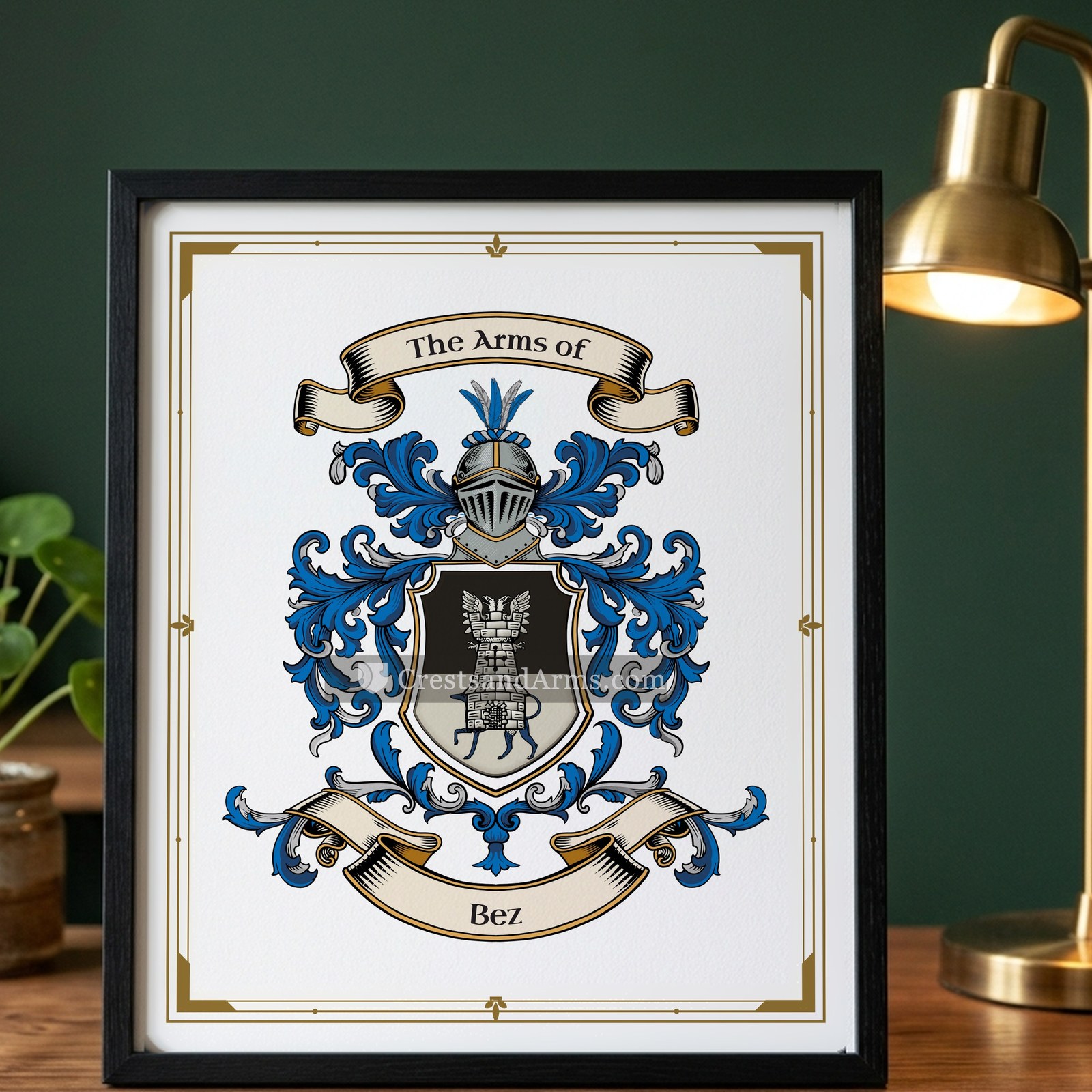 The Bez arms on the framed, black wood