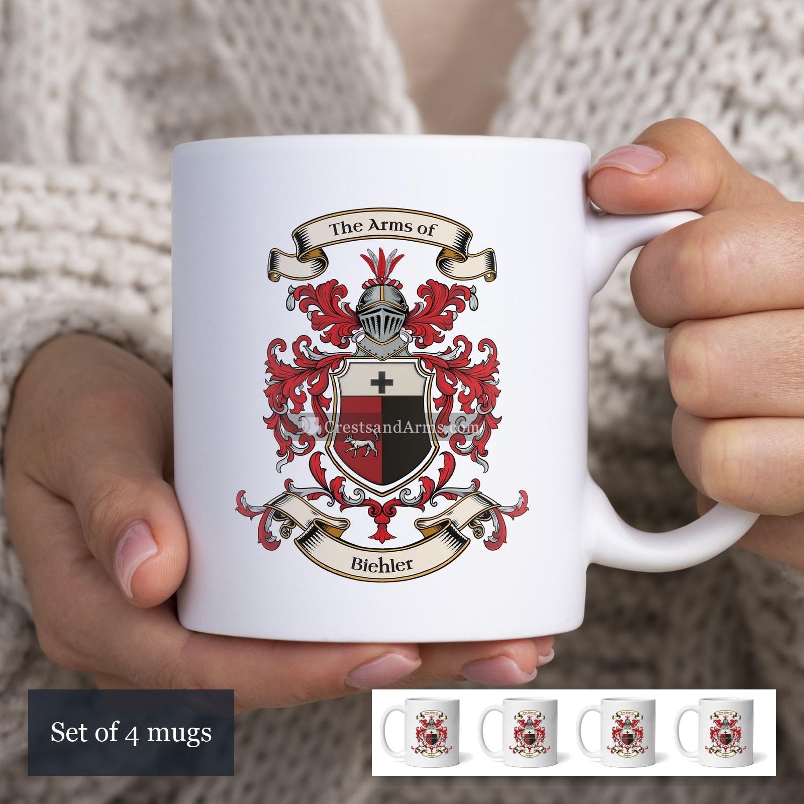 The Biehler arms on the set of 4 mugs