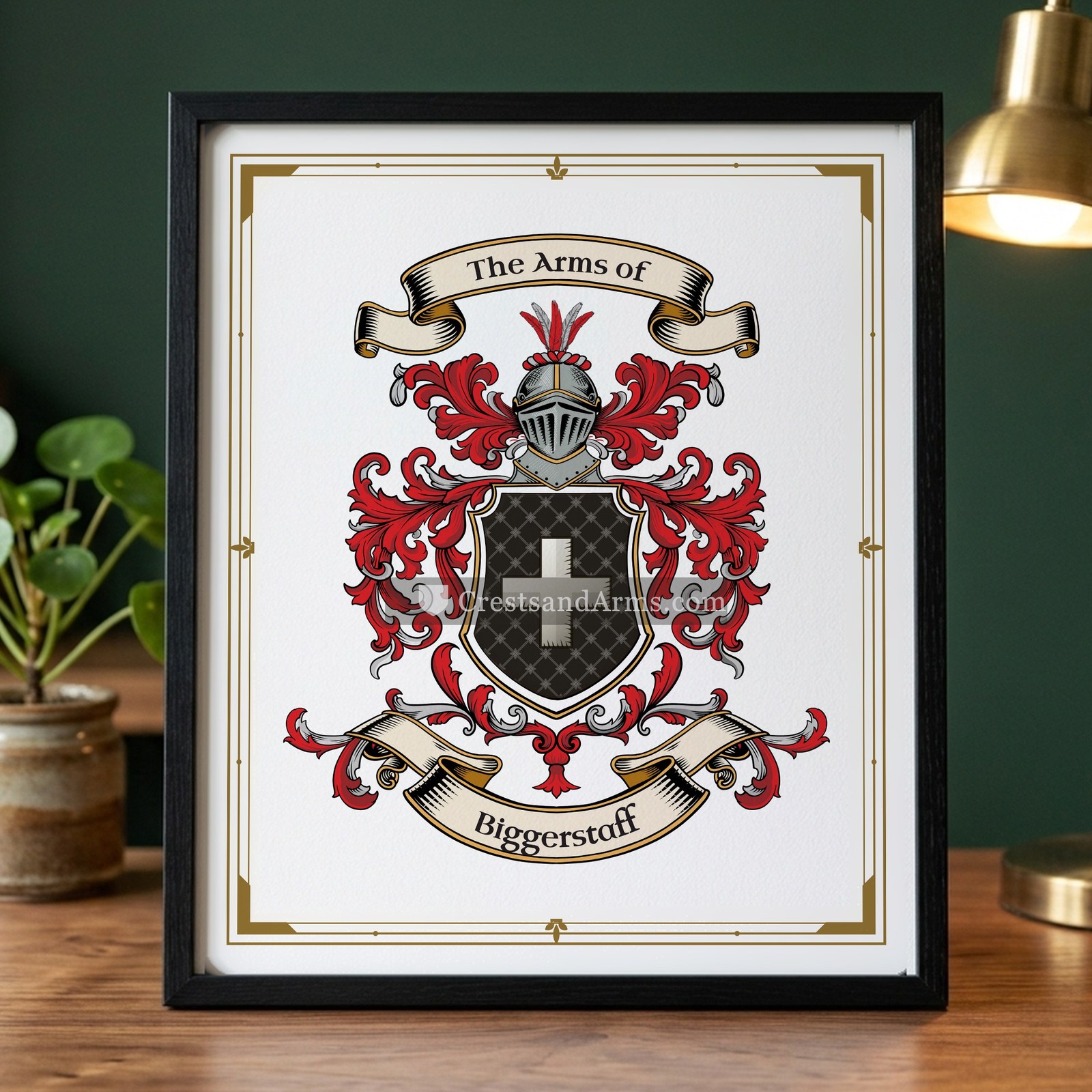 The Biggerstaff arms on the framed, black wood
