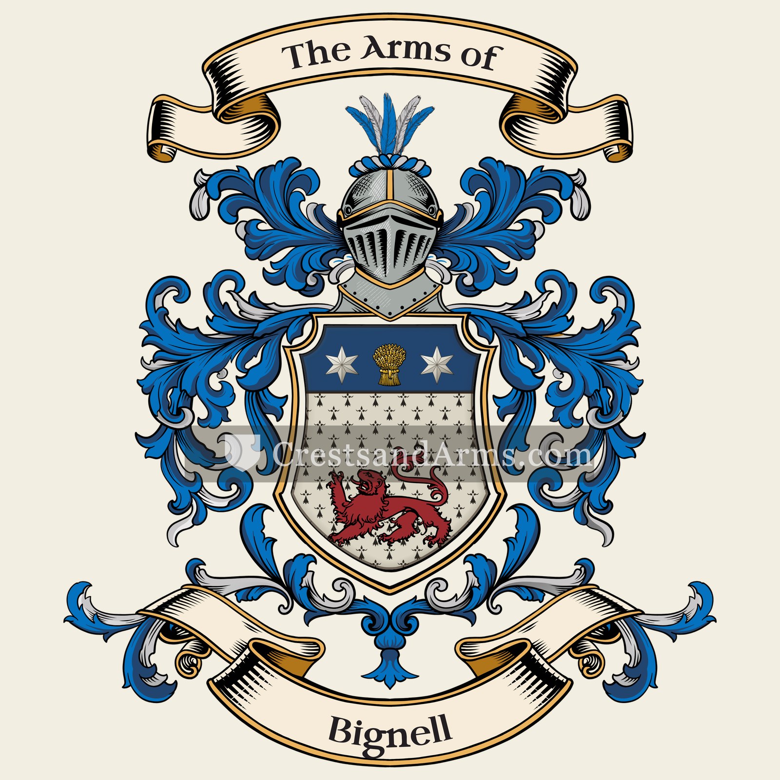 The Bignell coat of arms, drawn from the recorded blazon
