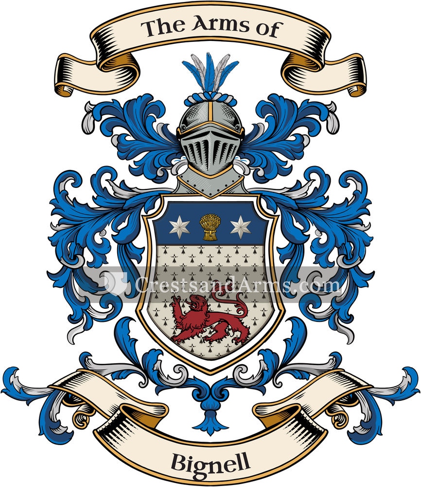 The Bignell coat of arms, drawn from the recorded blazon