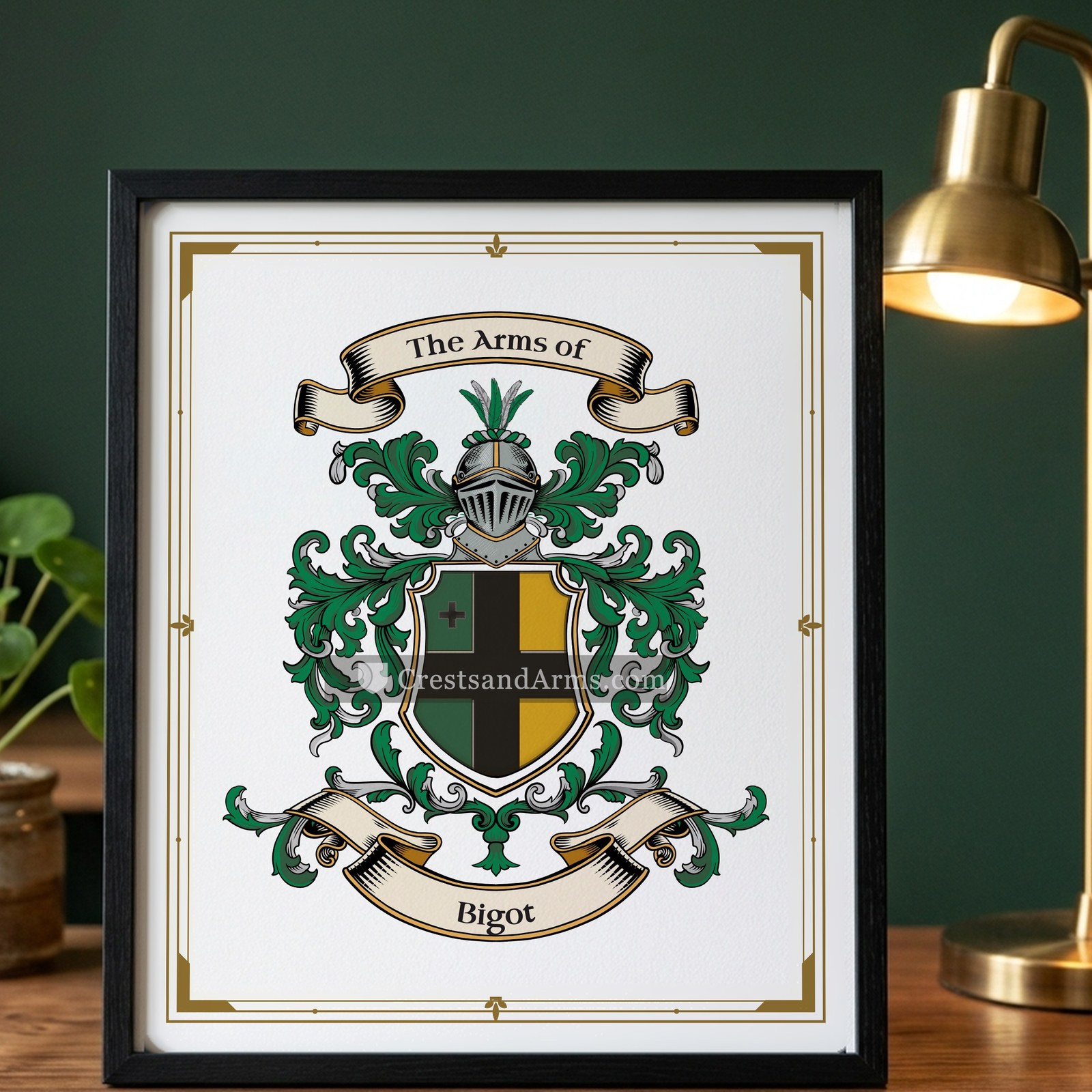 The Bigot arms on the framed, black wood