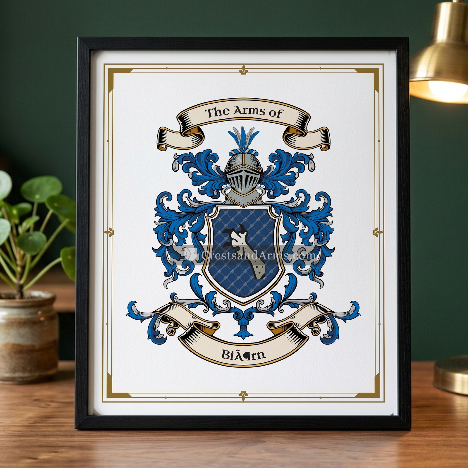 The Biörn arms on the framed, black wood