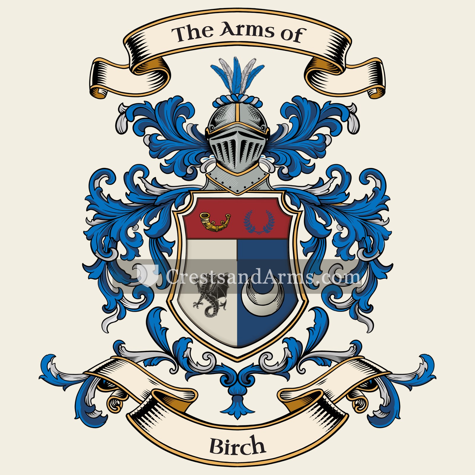 The Birch coat of arms, drawn from the recorded blazon