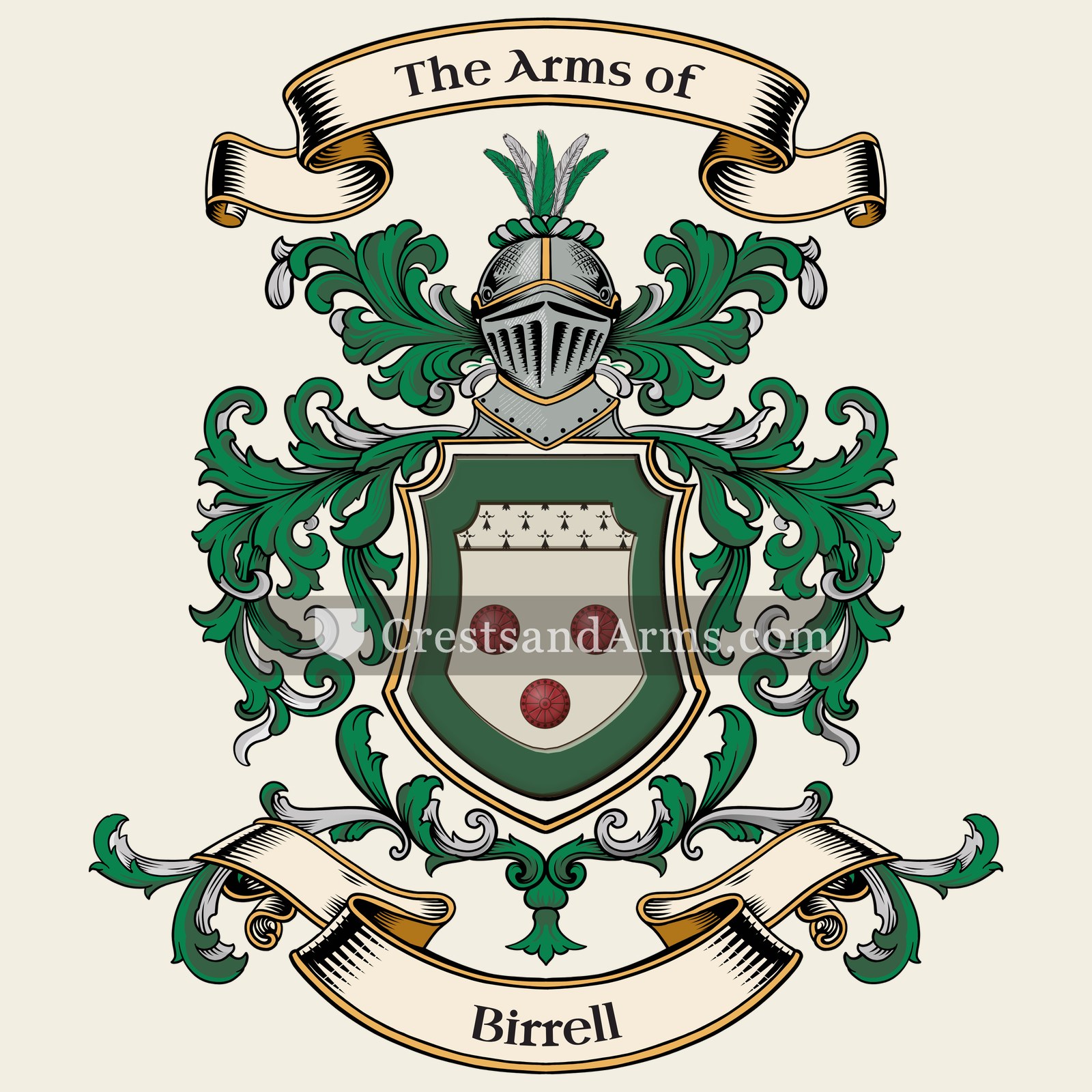 The Birrell coat of arms, drawn from the recorded blazon