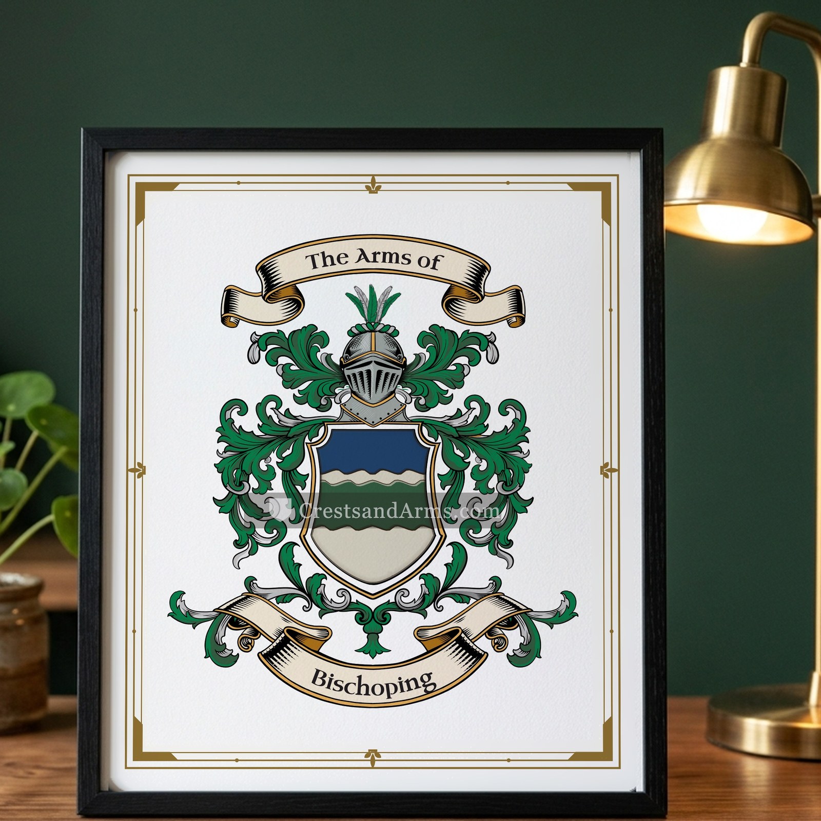 The Bischoping arms on the framed, black wood