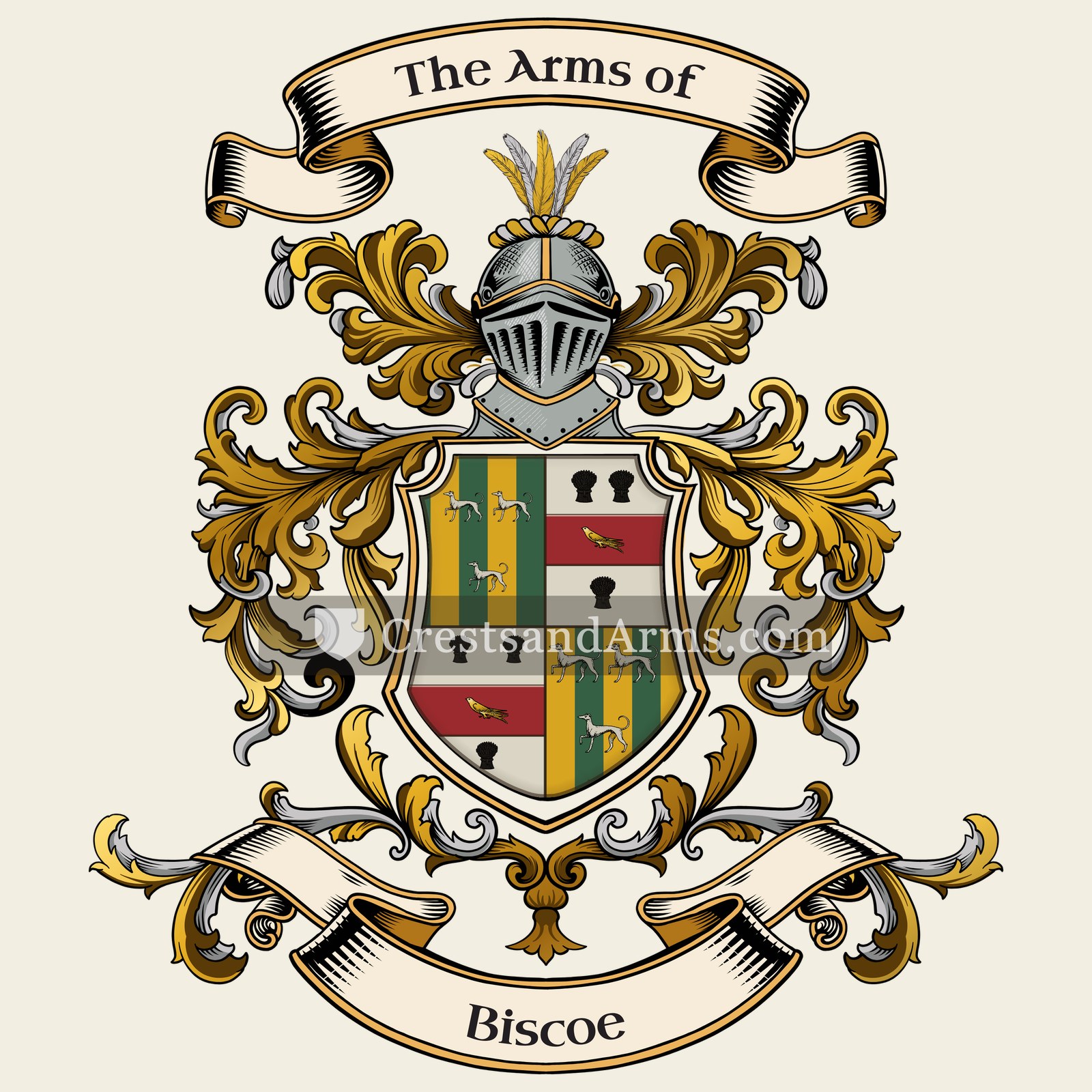 The Biscoe coat of arms, drawn from the recorded blazon