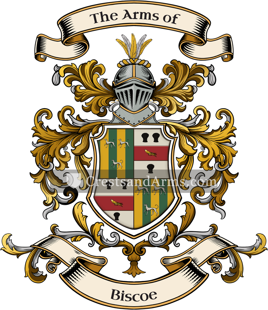 The Biscoe coat of arms, drawn from the recorded blazon