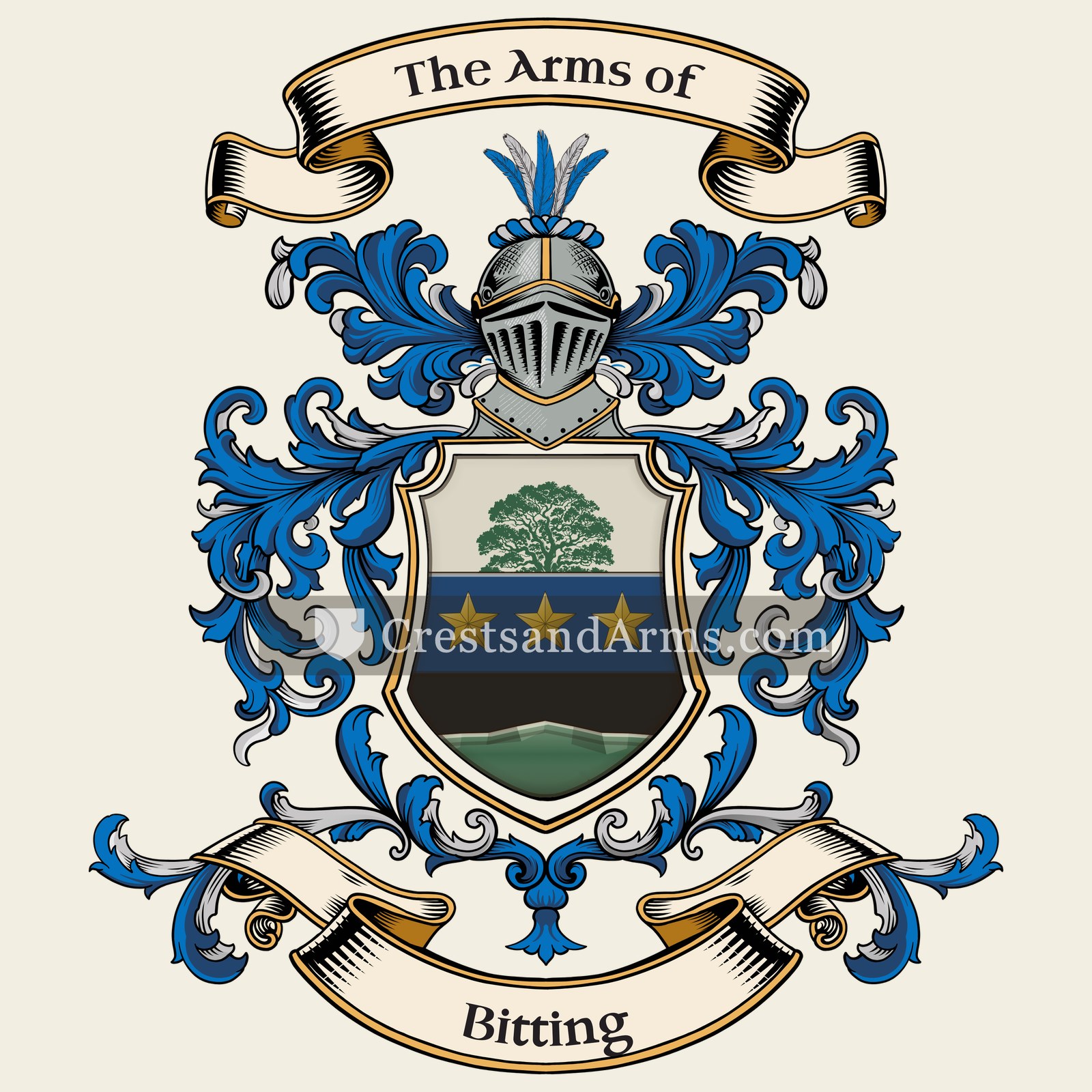 The Bitting coat of arms, drawn from the recorded blazon
