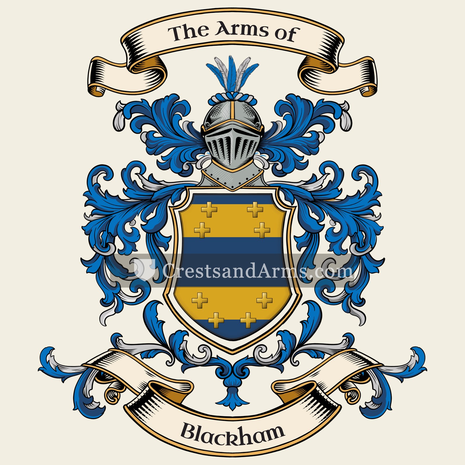 The Blackham coat of arms, drawn from the recorded blazon
