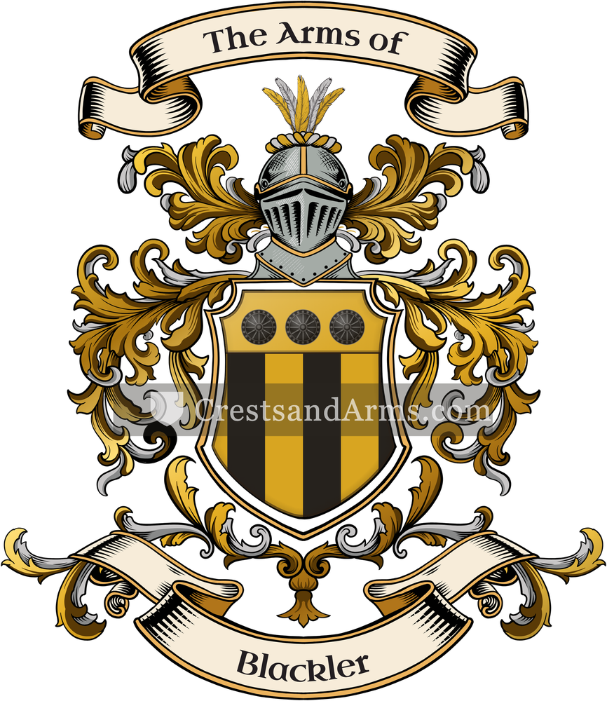 The Blackler coat of arms, drawn from the recorded blazon